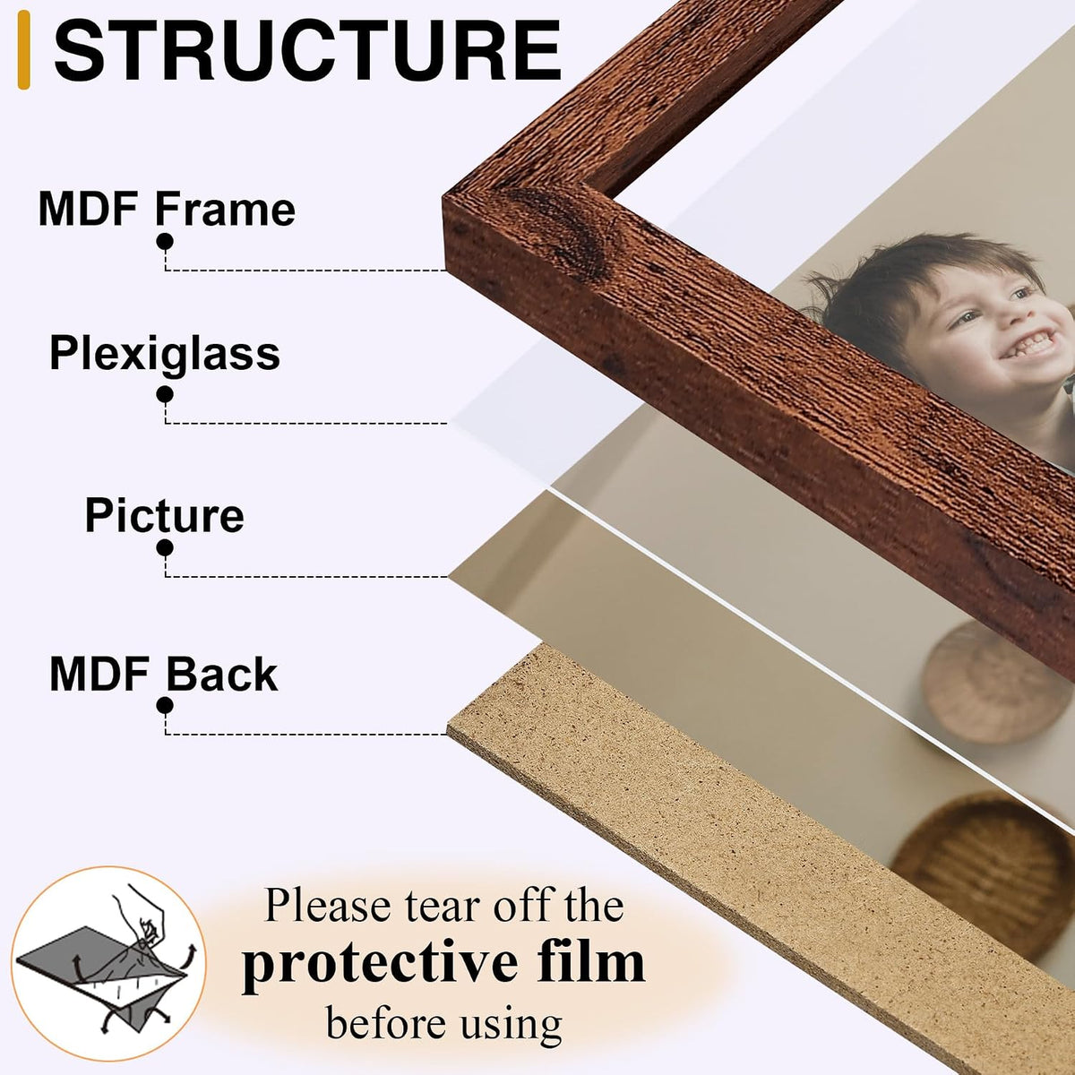 decorUhome Distressed Brown Triple 5x7 Picture Frame Vertical, MDDBN08 | "Z" Shape Folding Design Engineered Wood