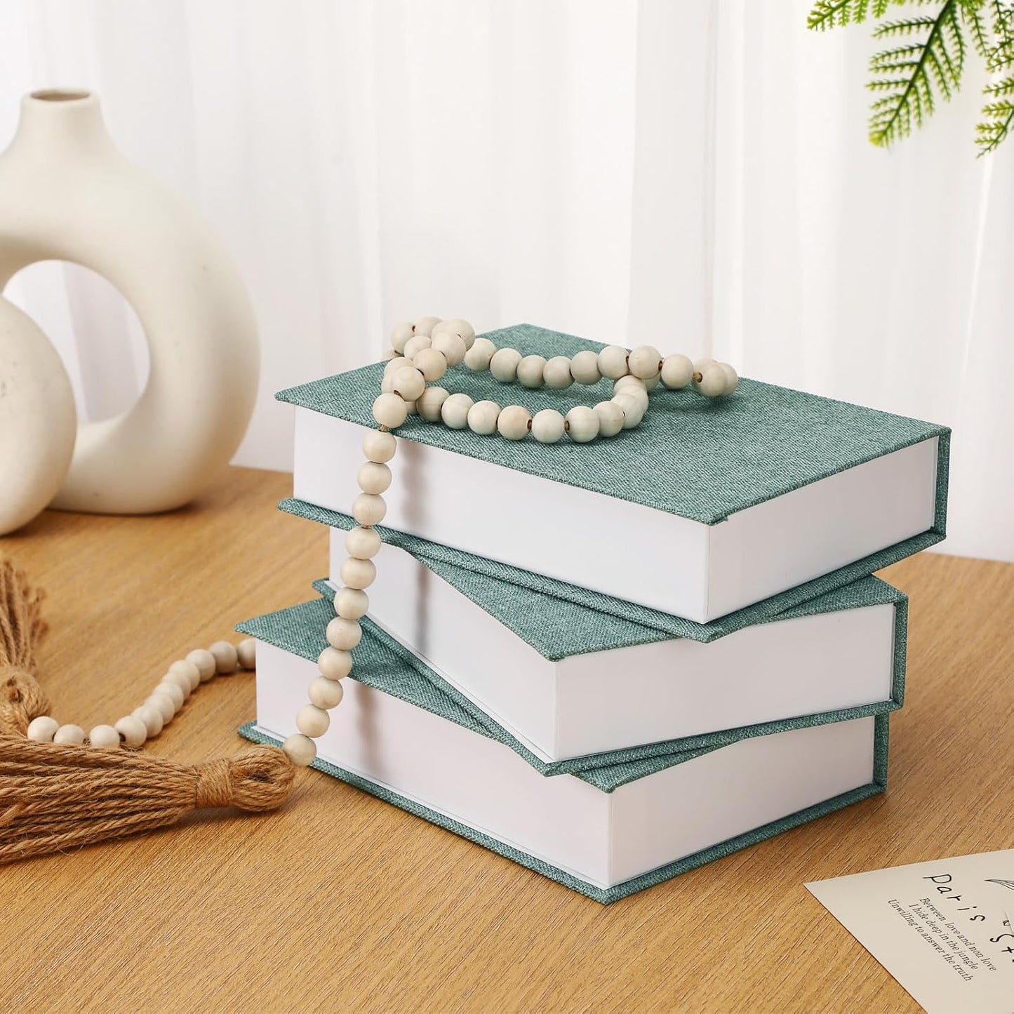 Fake Book Box Neutral Linen Book Box Decorative Faux Prop / 8.6 x 6.1 x 1.8 / Green / Set of 3