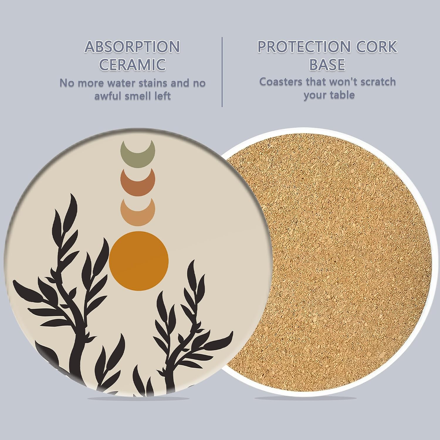 Holder / Absorbent Ceramic Coasters / Abstract Boho Sun Leaves / Set of 6