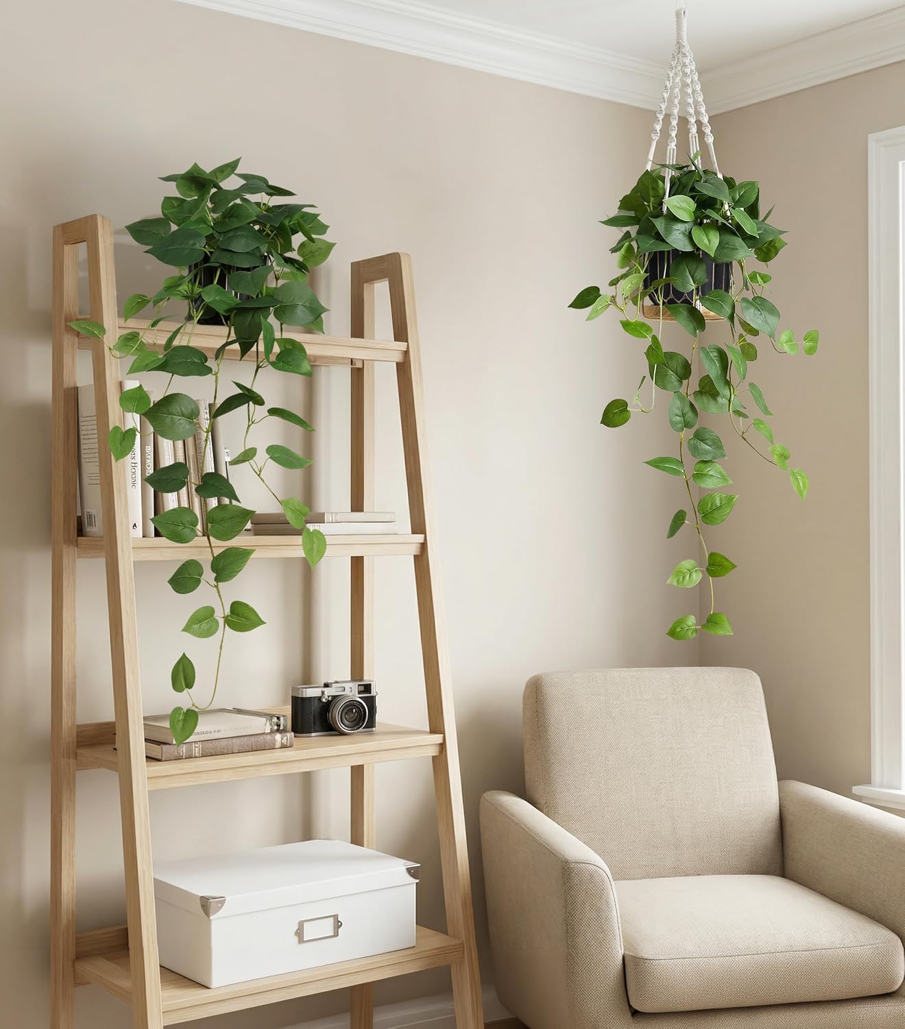 Fake Plants Faux Pothos Plants Potted Indoor Artificial Hanging / Green Pothos Potted / Set of 2