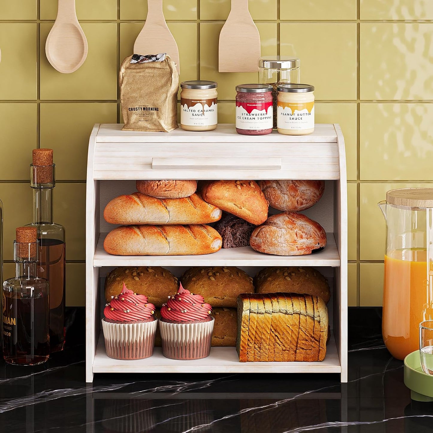 Trironsun Bamboo Roll Top Bread Box for Kitchen Countertop Large Capacity Bread Storage Bin 2 Layer Wooden Bread