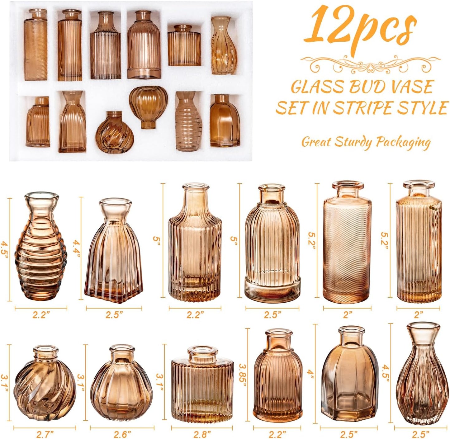 Vase Small Glass Vases for Flowers Modern Ribbed Glass Bud Vase for Decor Flower / Amber / Set of 12