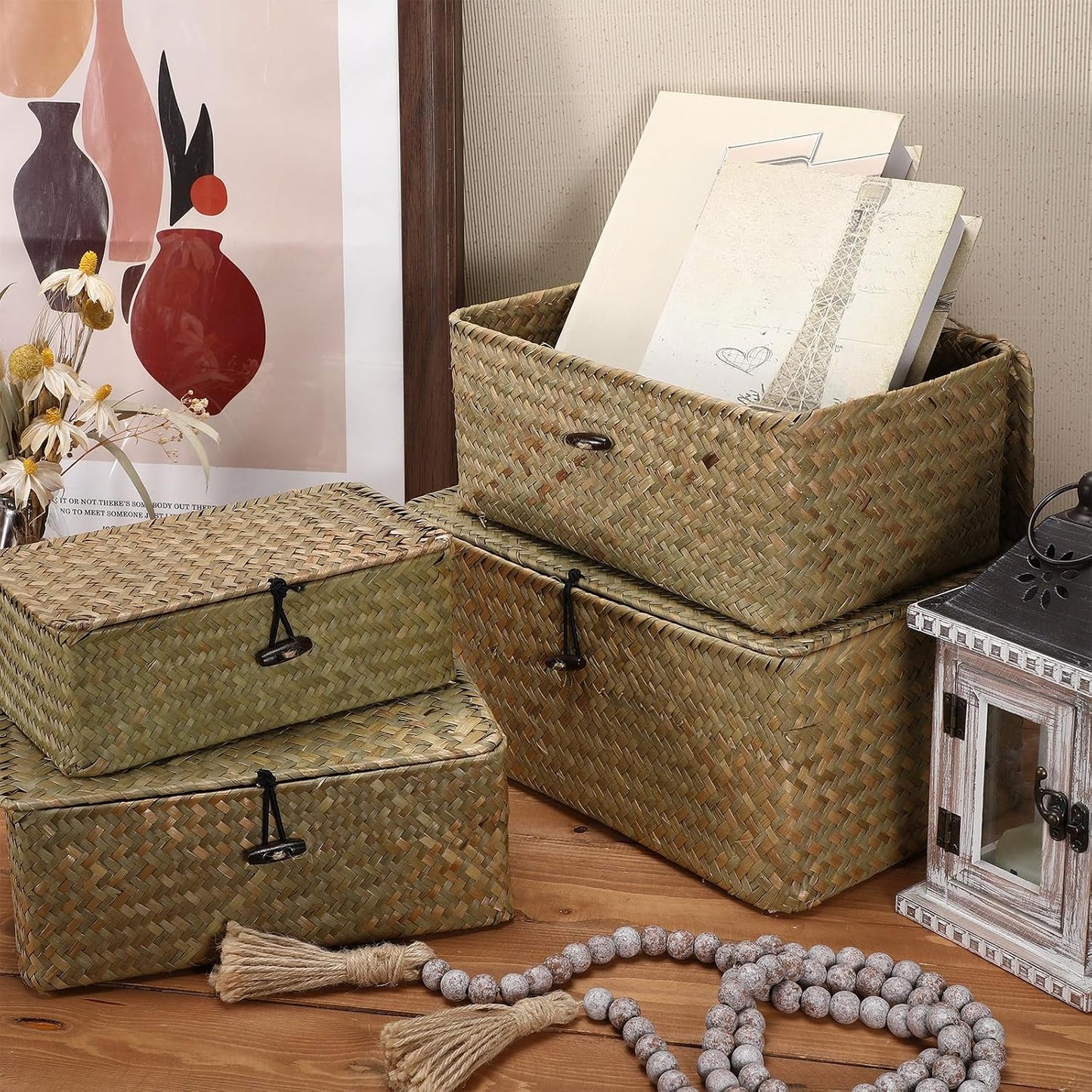 Wicker Baskets / Woven Rectangular Basket Bins / Natural Color / Set of 4