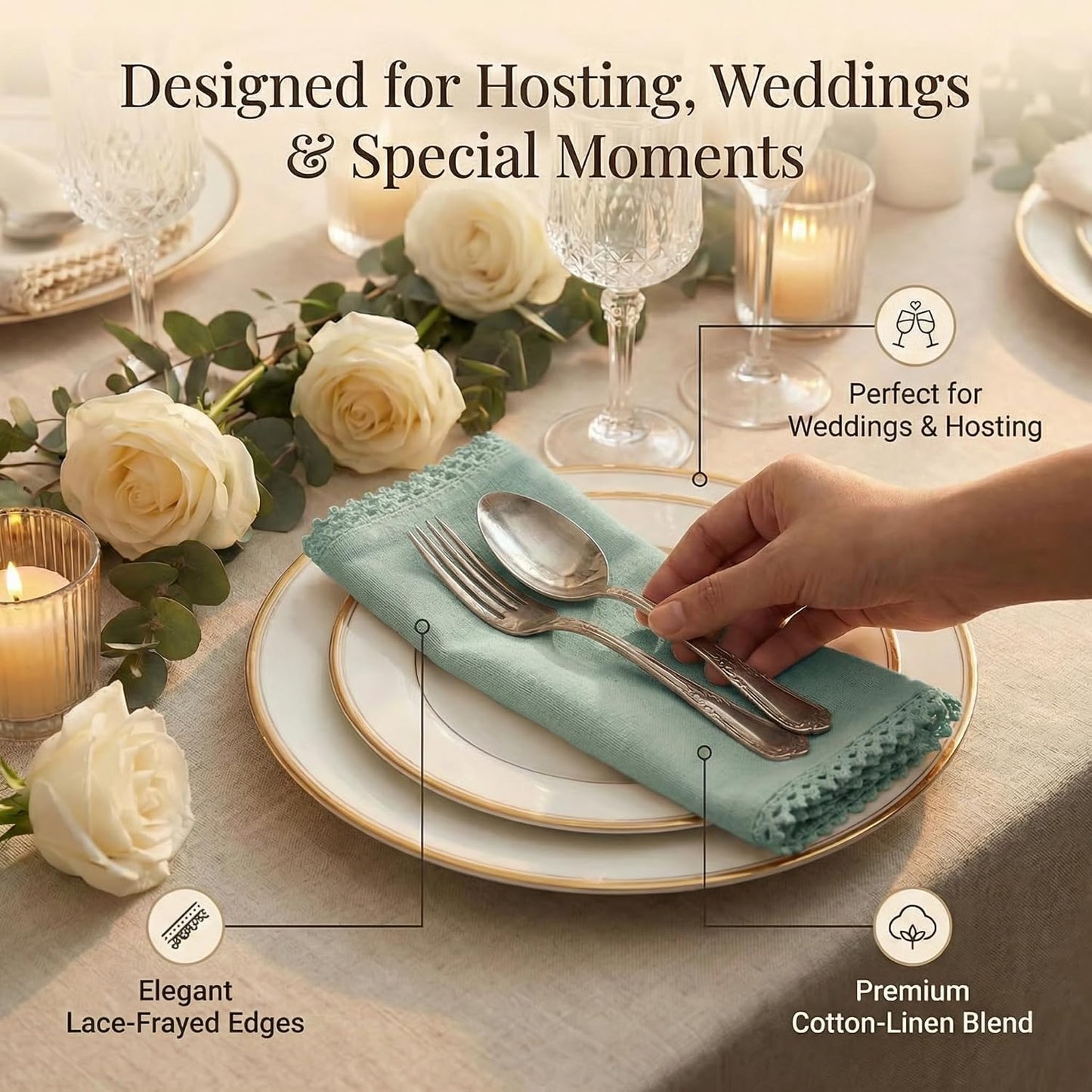 ACCENTHOME Teal Set of 12 18x18 inch Cotton Linen Dinner Napkins - Washable Soft Premium Hotel Quality Reusable Napkins