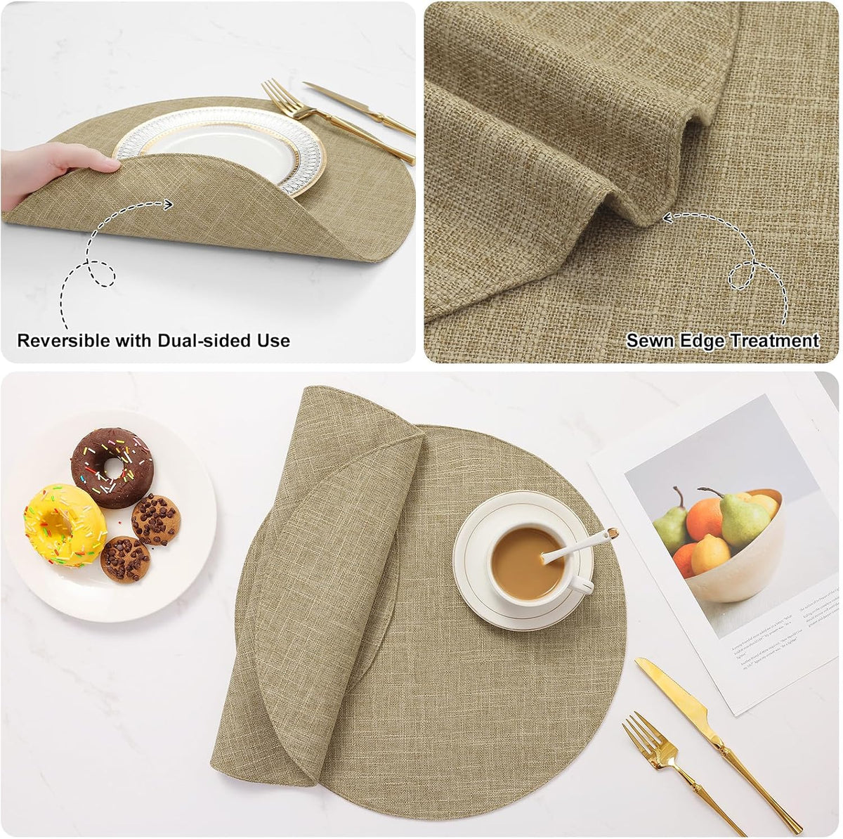 Cotton Linen 15 Inch Round Cloth Place mats, Set of 8, Linen | Washable Table Mats, Heat Resistant, Reversible