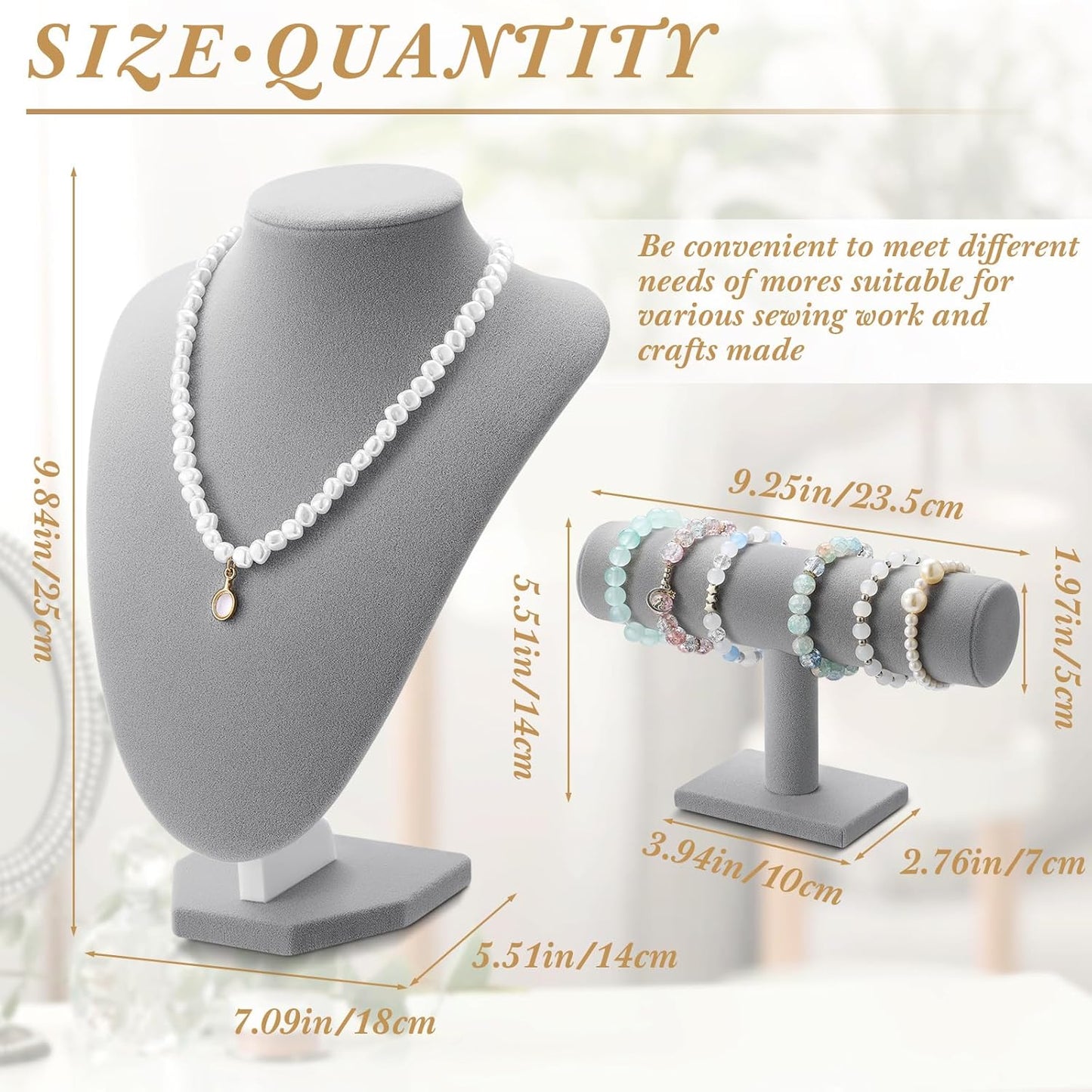 Jewelry Display Set Necklace Display Stand T Bar Bracelet Holder Jewelry / Gray / Velvet / Set of 6