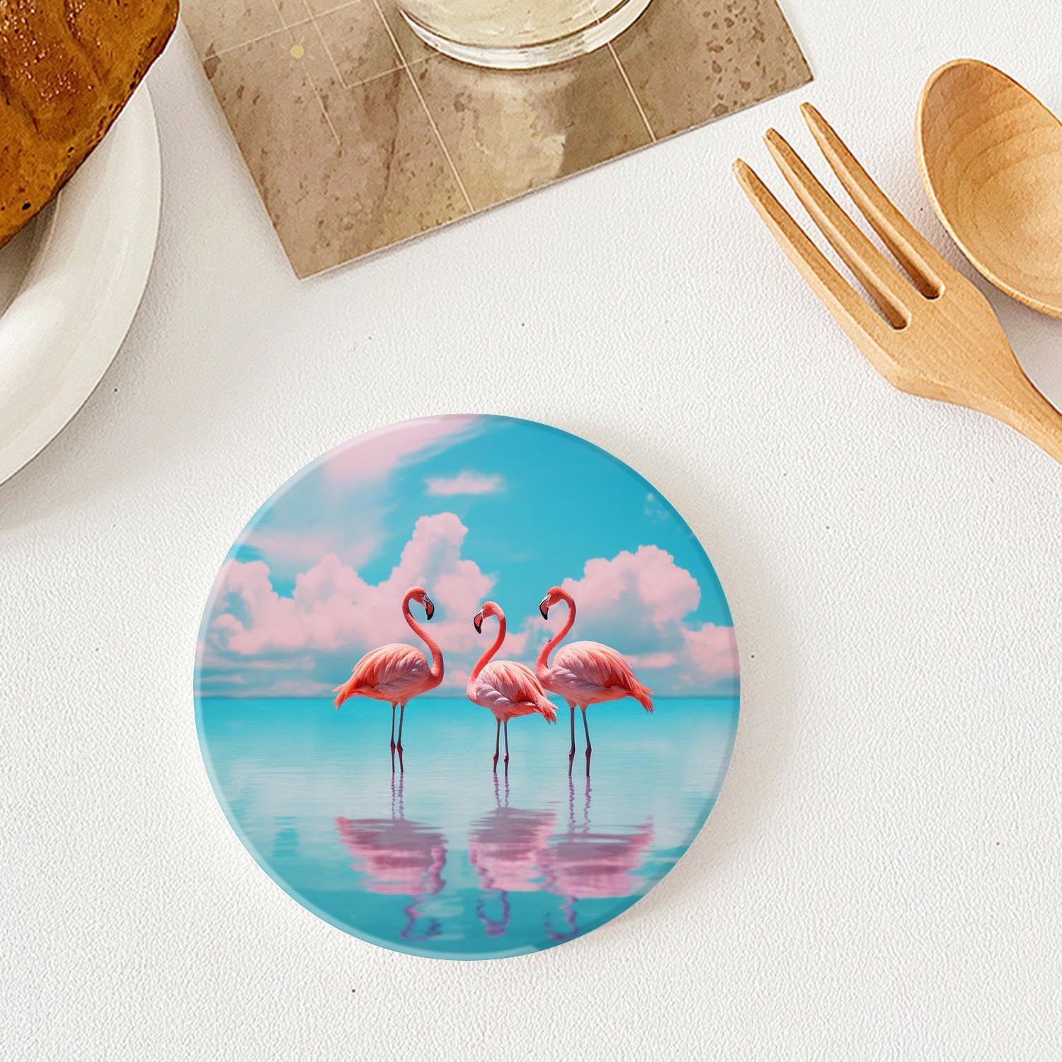Holder / Flamingo Print Ceramic Coasters / 4 In / Color1861 / Set of 4
