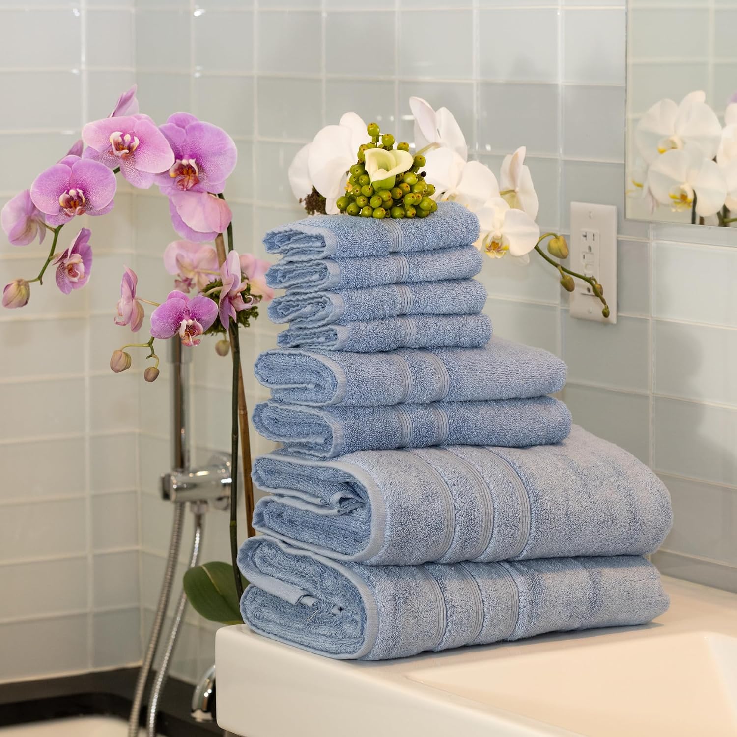 8 Piece Turkish Bath Towel Set, 30 x 58 in, 700 GSM, Allure Blue | 2 bath towels, 2 hand towels and 4 washcloths, 700