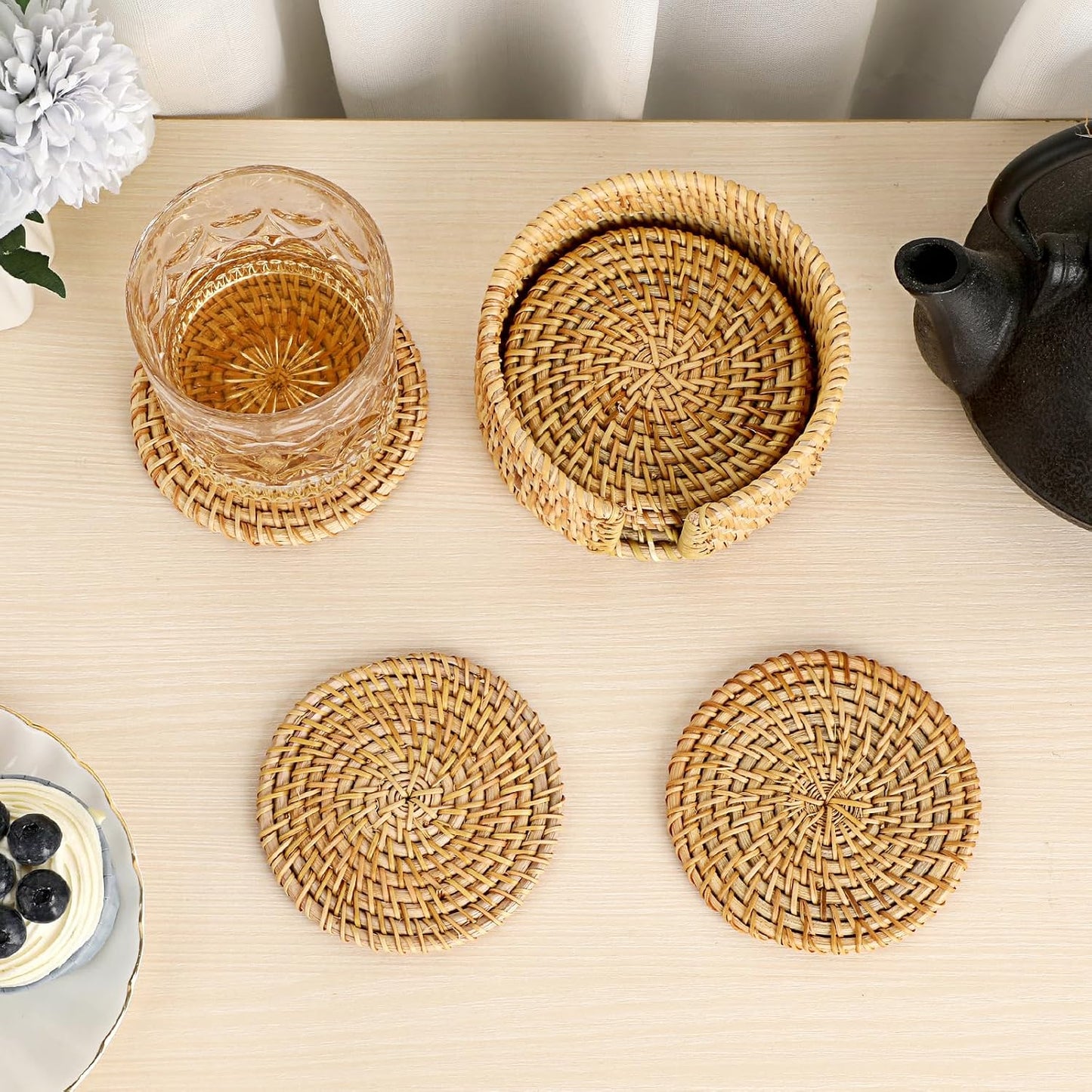 Holder / Boho Cup Coaster / Natural Rattan / Set of 6