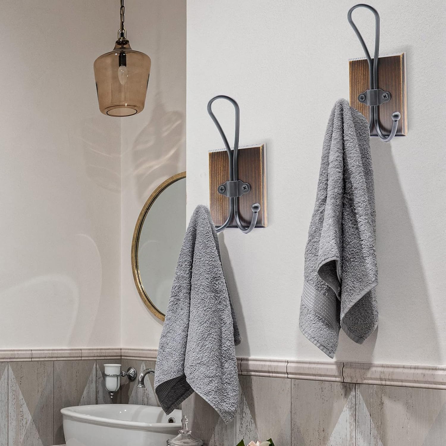 Farmhouse Towel Hooks / Double Hook - Weathered Brown / Set of 2