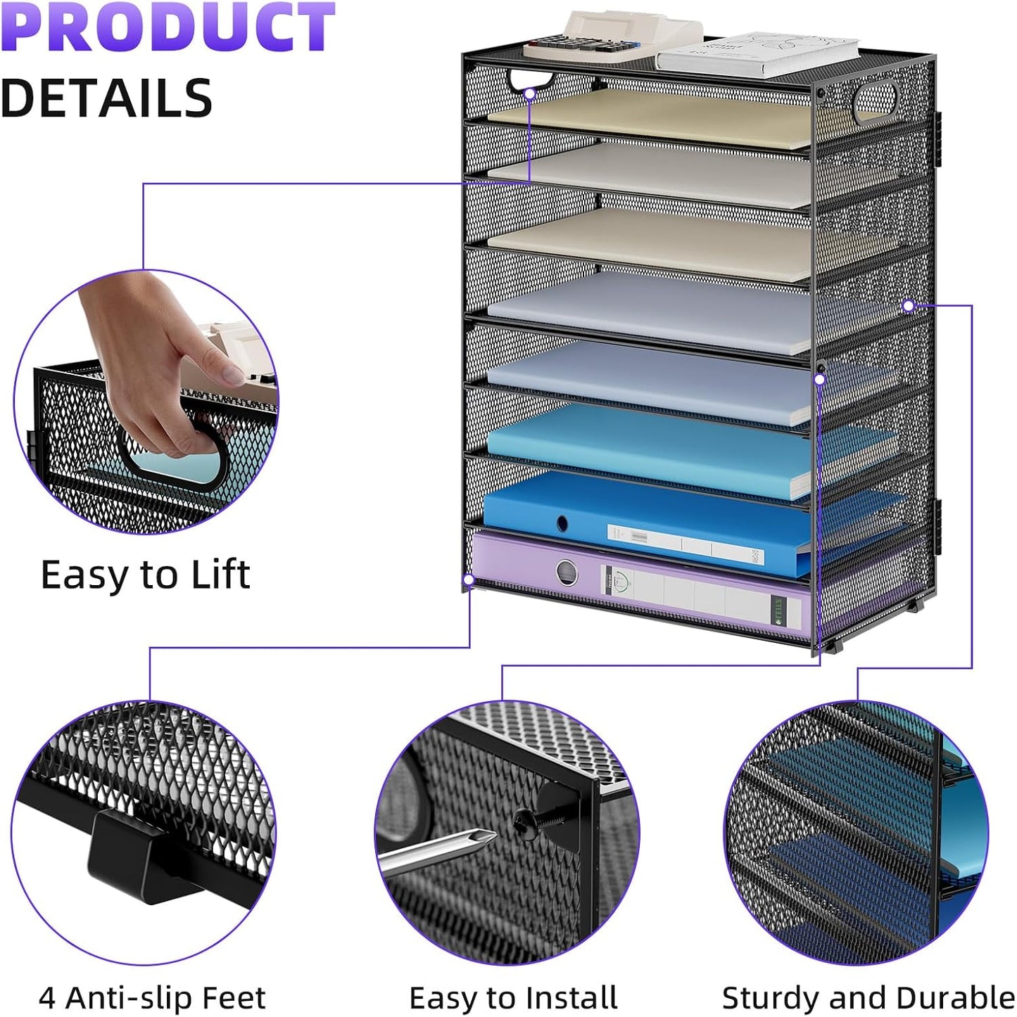 Marbrasse Paper Organizer Letter Tray, 9 Tier Mesh File Organizer with Handle, Paper Sorter Desk Organizer for Home