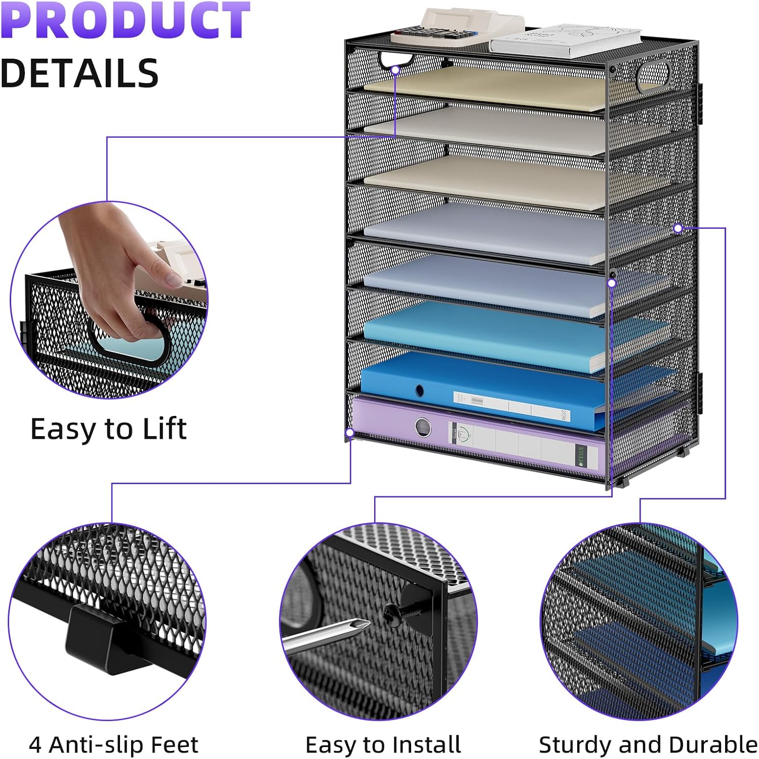 Marbrasse Paper Organizer Letter Tray, 9 Tier Mesh File Organizer with Handle, Paper Sorter Desk Organizer for Home