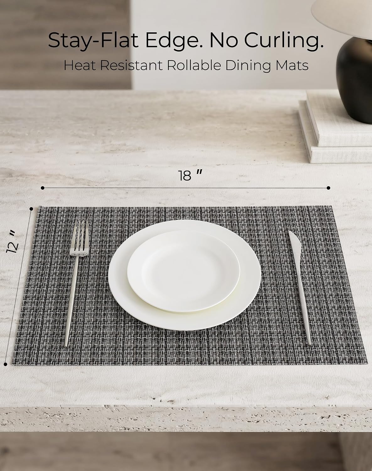 Leetaltree Woven Vinyl Placemats Set of 8, Charcoal Gray | High Density, Basketweave Woven, Stain Resistant, Easy to