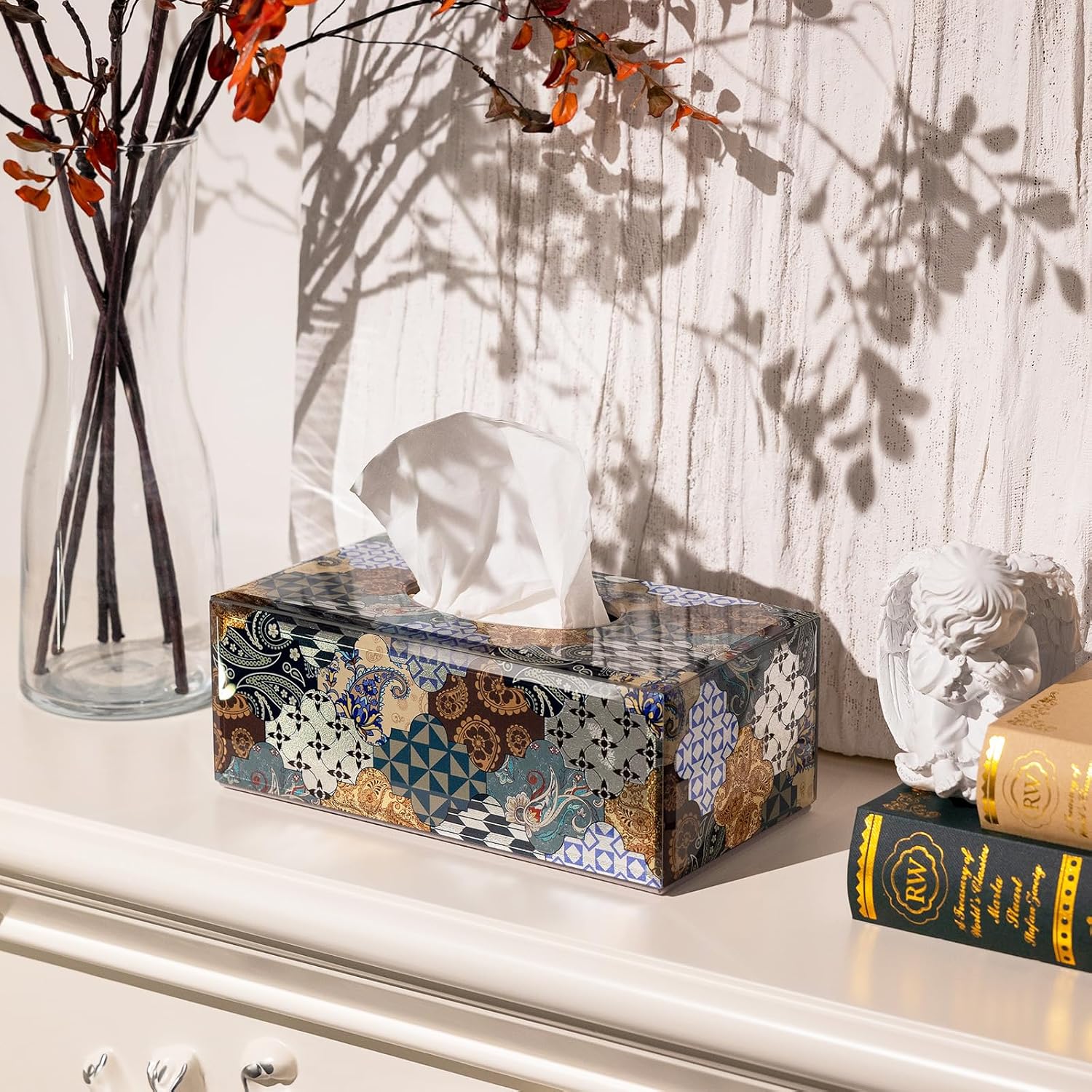 Glass Tissue Box Cover -Patchwork Pattern Decorative Tissue Holder / Patchwork-blue / Rectangle