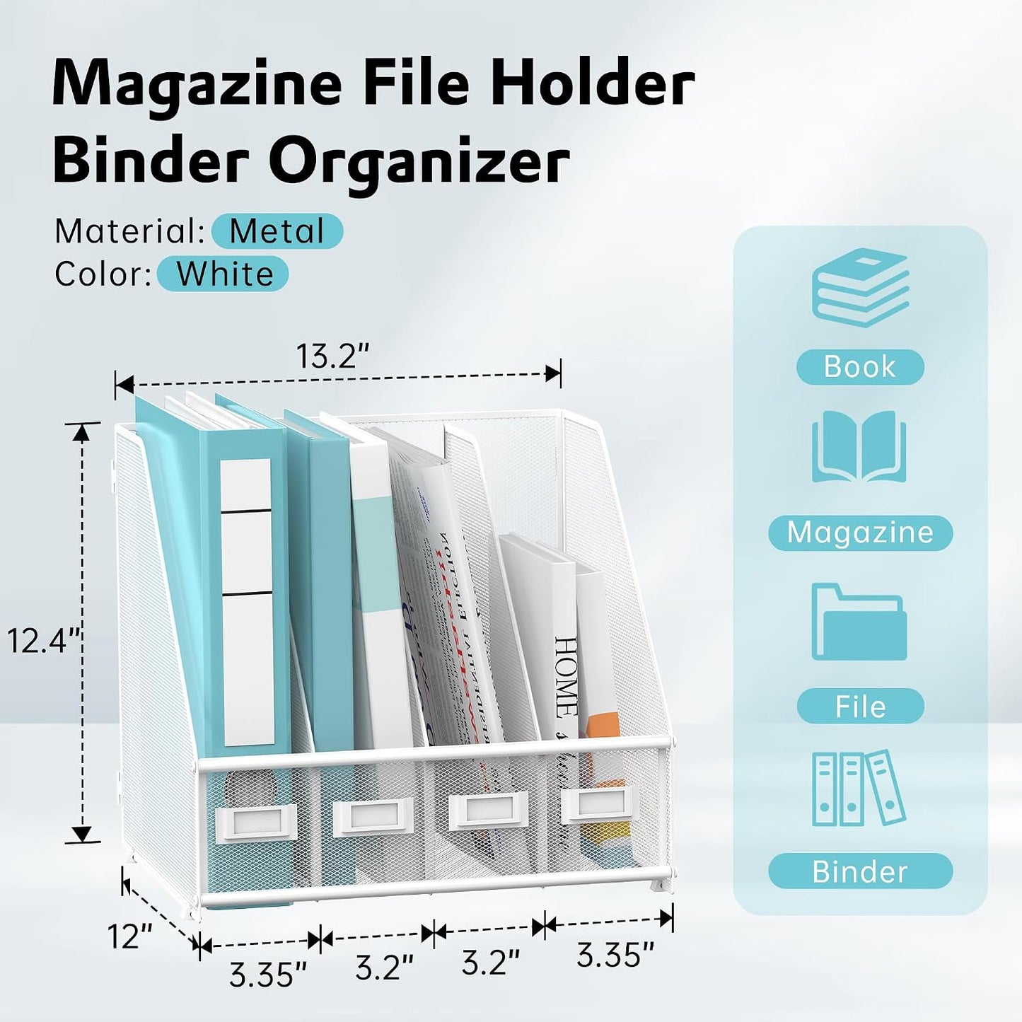 4-Compartment Magazine File Holder and File Organizer for Desk, White | Metal Magazine Holder and Magazine File Holder