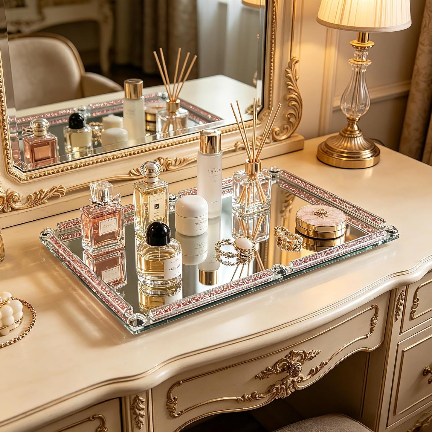 Crushed Diamond Filled Glass Vanity Tray / Pink / 15.7 x 11.8 x 1.4