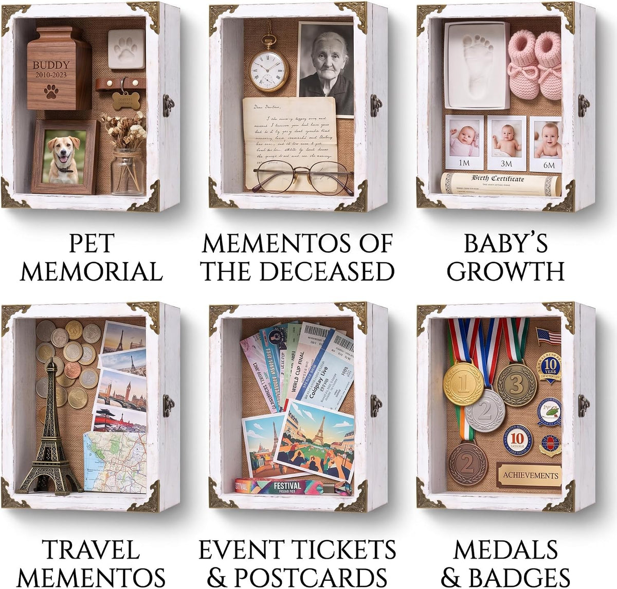 Deep Shadow Box Frame 8x10 with 3.5" Depth, White Wood Display Case with Real Glass Door, Vintage Lock, Extra Deep