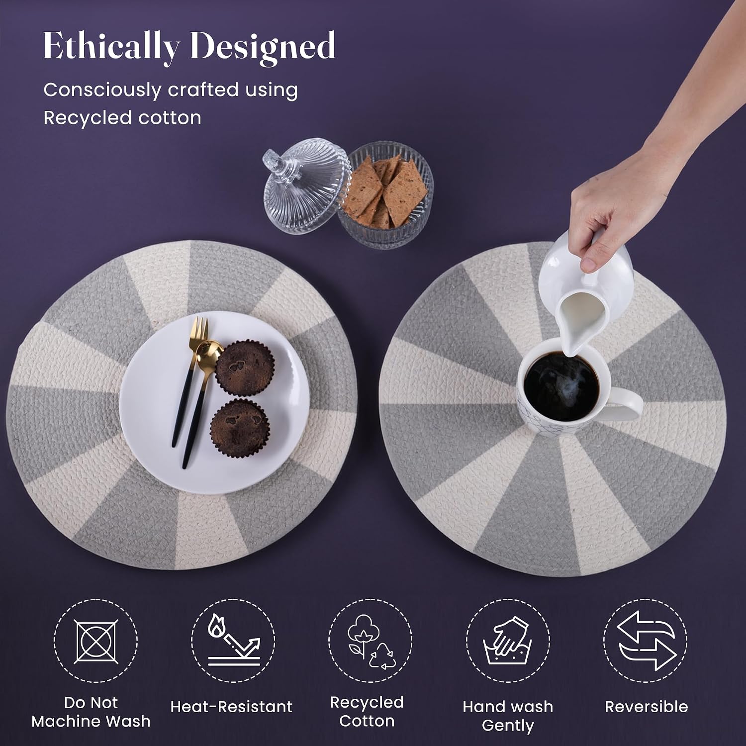 The Fine Living Braided Cotton Placemats, Round Table Mats, Set of 6,13.5" | Washable Anti-Slip Heat Resistant Braided