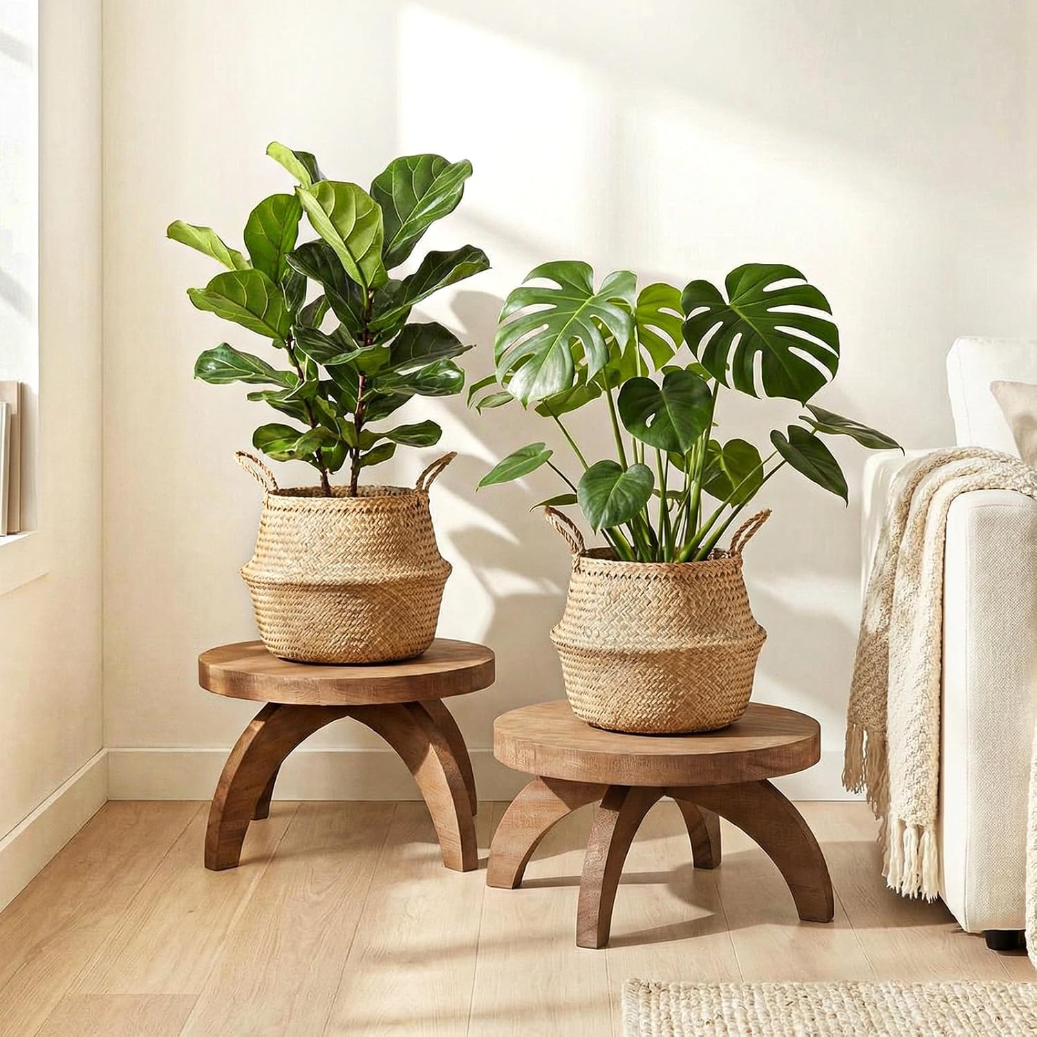 Short Plant Stand Small Wood Plant Stool Low Wood Riser Pedestal / Round / Rustic Color / Set of 2