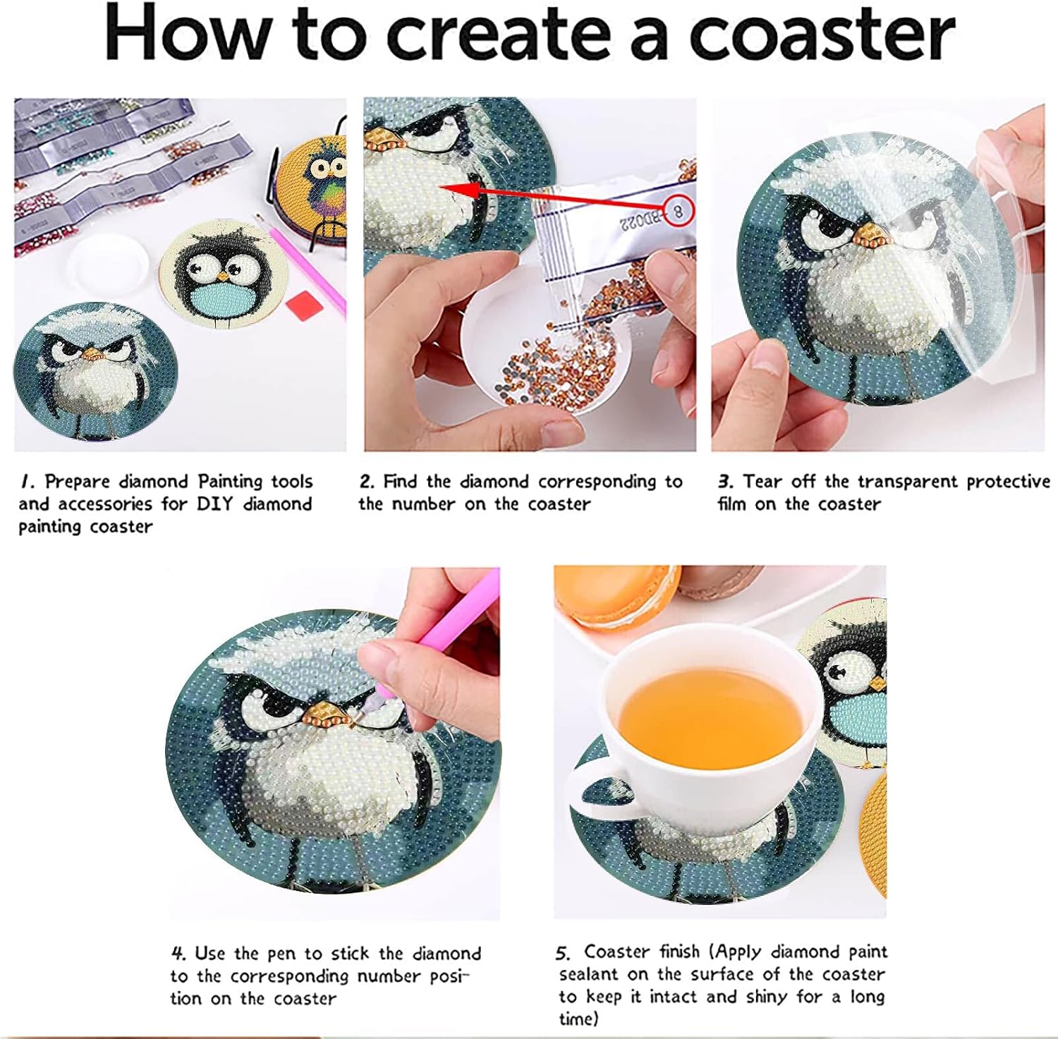 Holder / Funny Bird Pattern Wooden Diamond Painting / Jxbd73-us / Set of 8