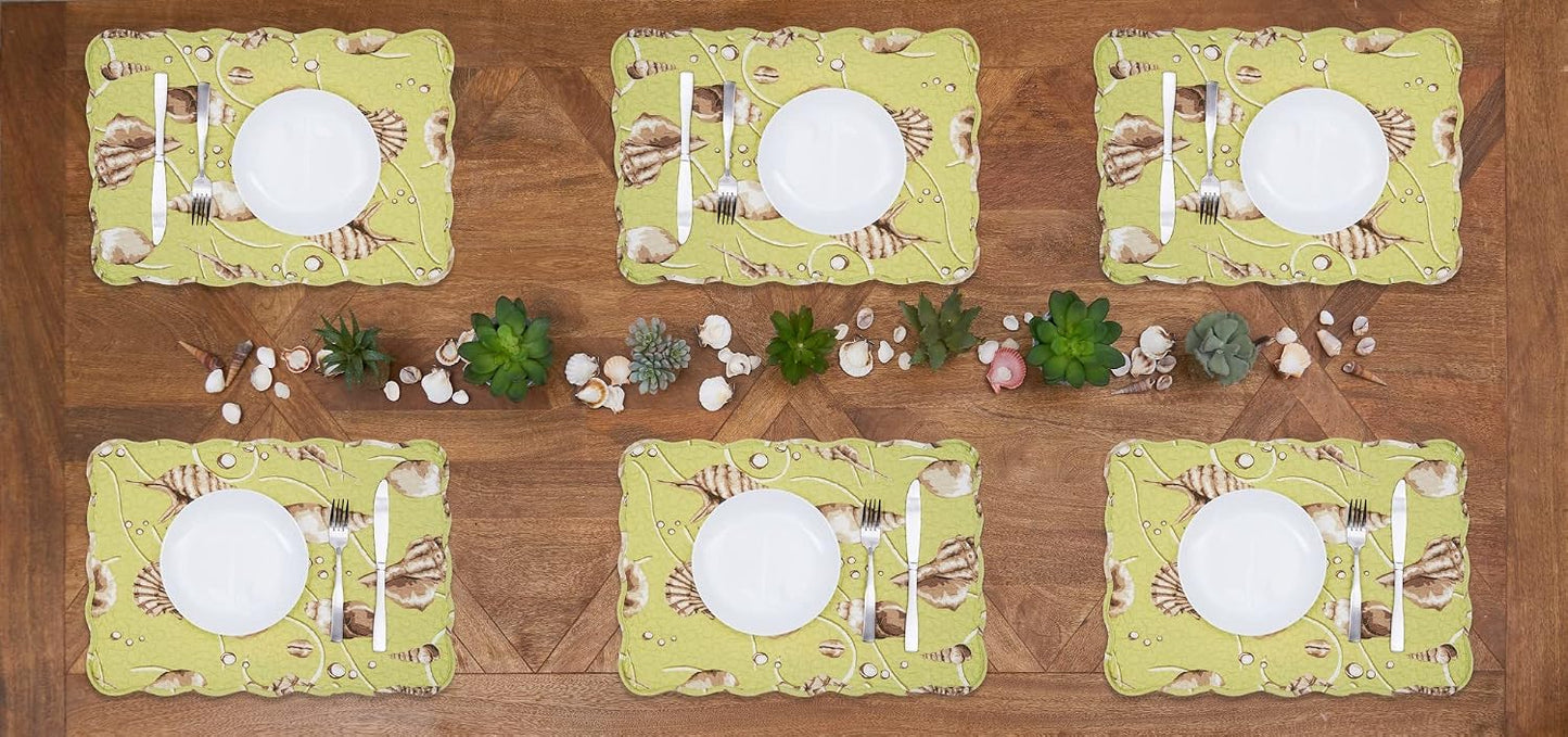 C&F Home Baker Cotton Quilted Reversible Machine Washable Green Seashell Vintage Design Placemat Set of 6 Scalloped