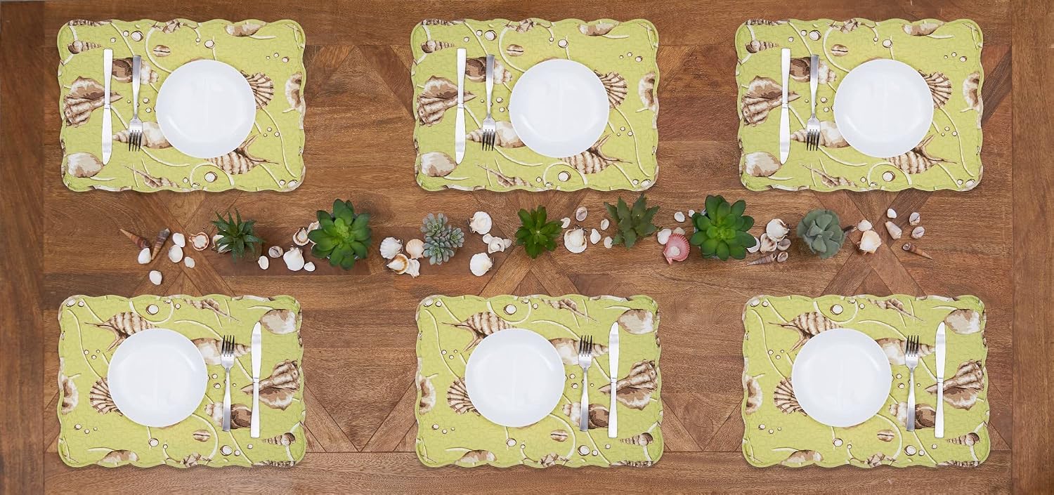 C&F Home Baker Cotton Quilted Reversible Machine Washable Green Seashell Vintage Design Placemat Set of 6 Scalloped