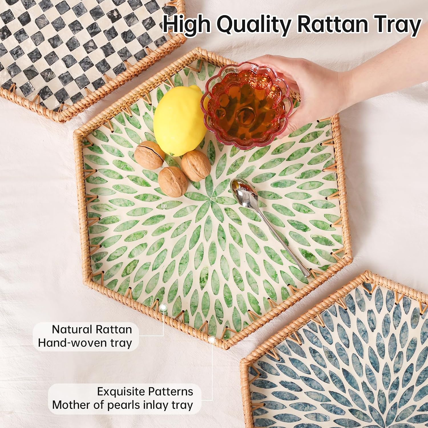 Hexagon Rattan Tray / Green Leaves