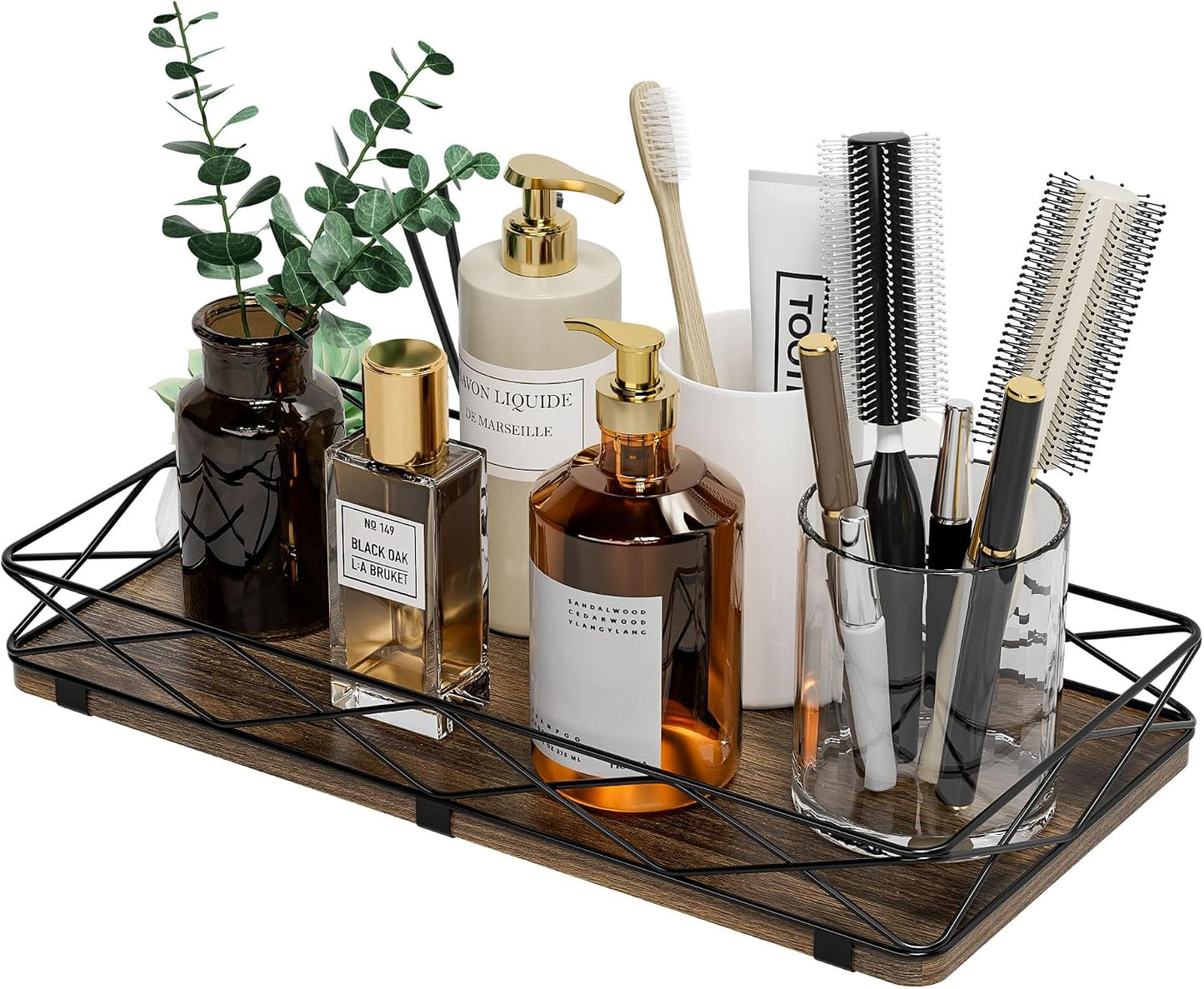 Wood and Metal Toilet Tray Vanity Organizer Bathroom Tray / Brown+black