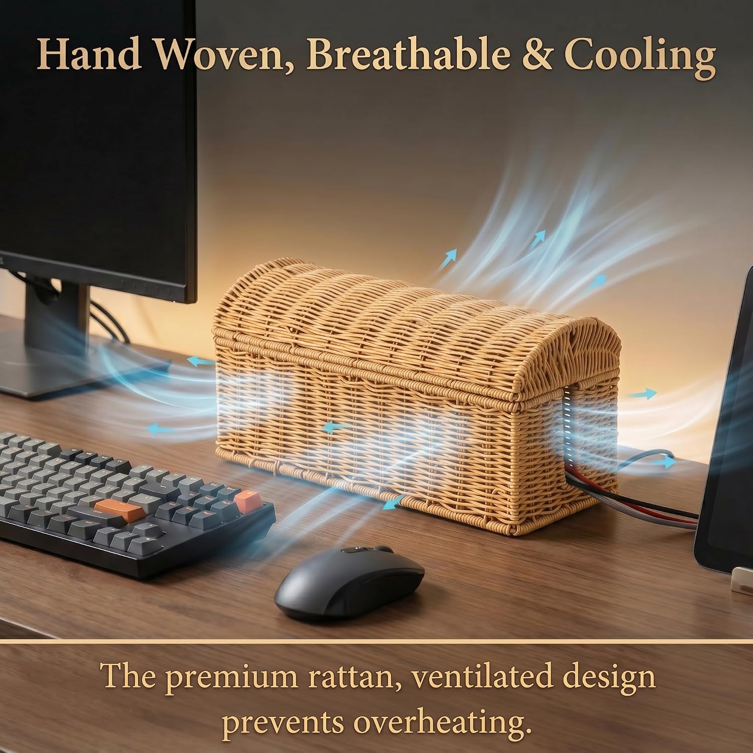 Rattan Cable Management Box / Natural / Domed Box / Large