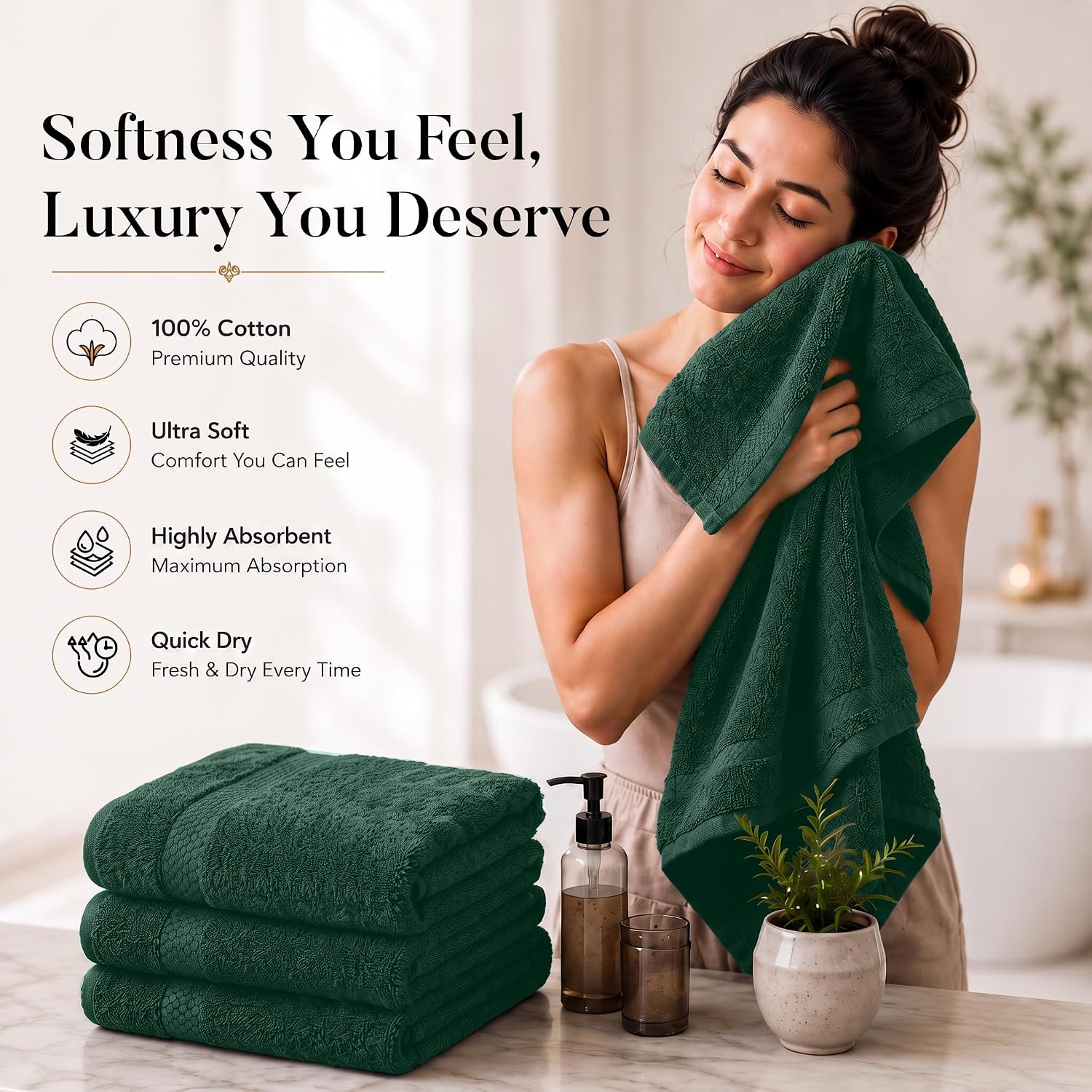 DAN RIVER 600 GSM Cotton Large Bath Towels Set of 4, 27 x 54 Inches H-Green | Larger & Lighter Weight Towels for
