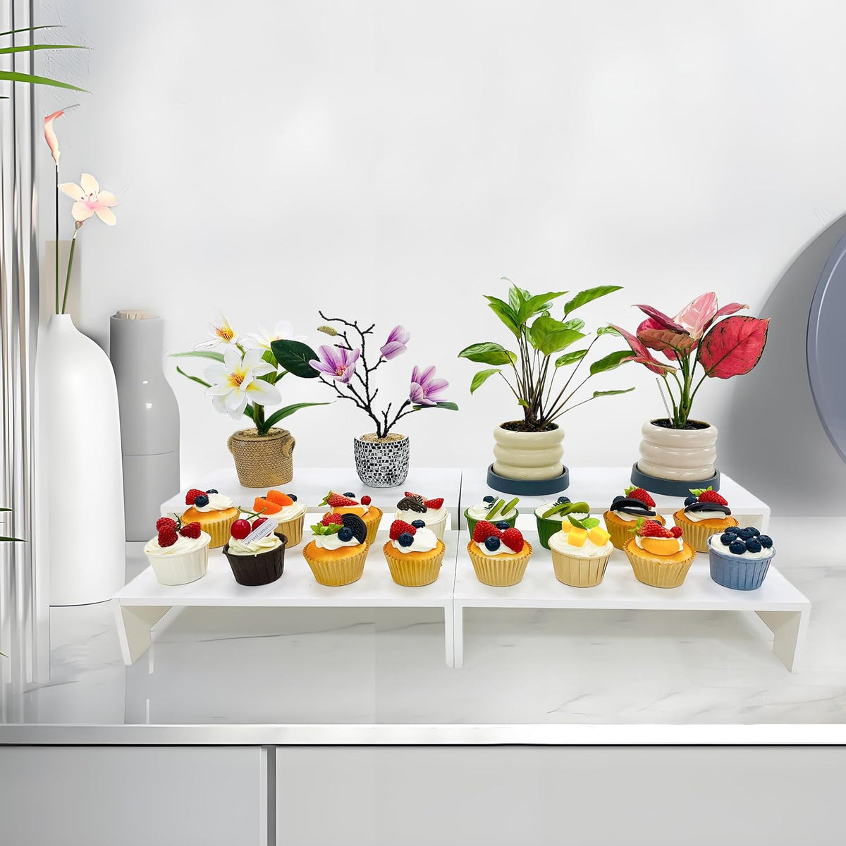 Yikaroeli 2 Set Large White Display Riser Wooden Risers Wood Cupcake Stand Display Stands 2 Tiered 4 Pcs Rectangular