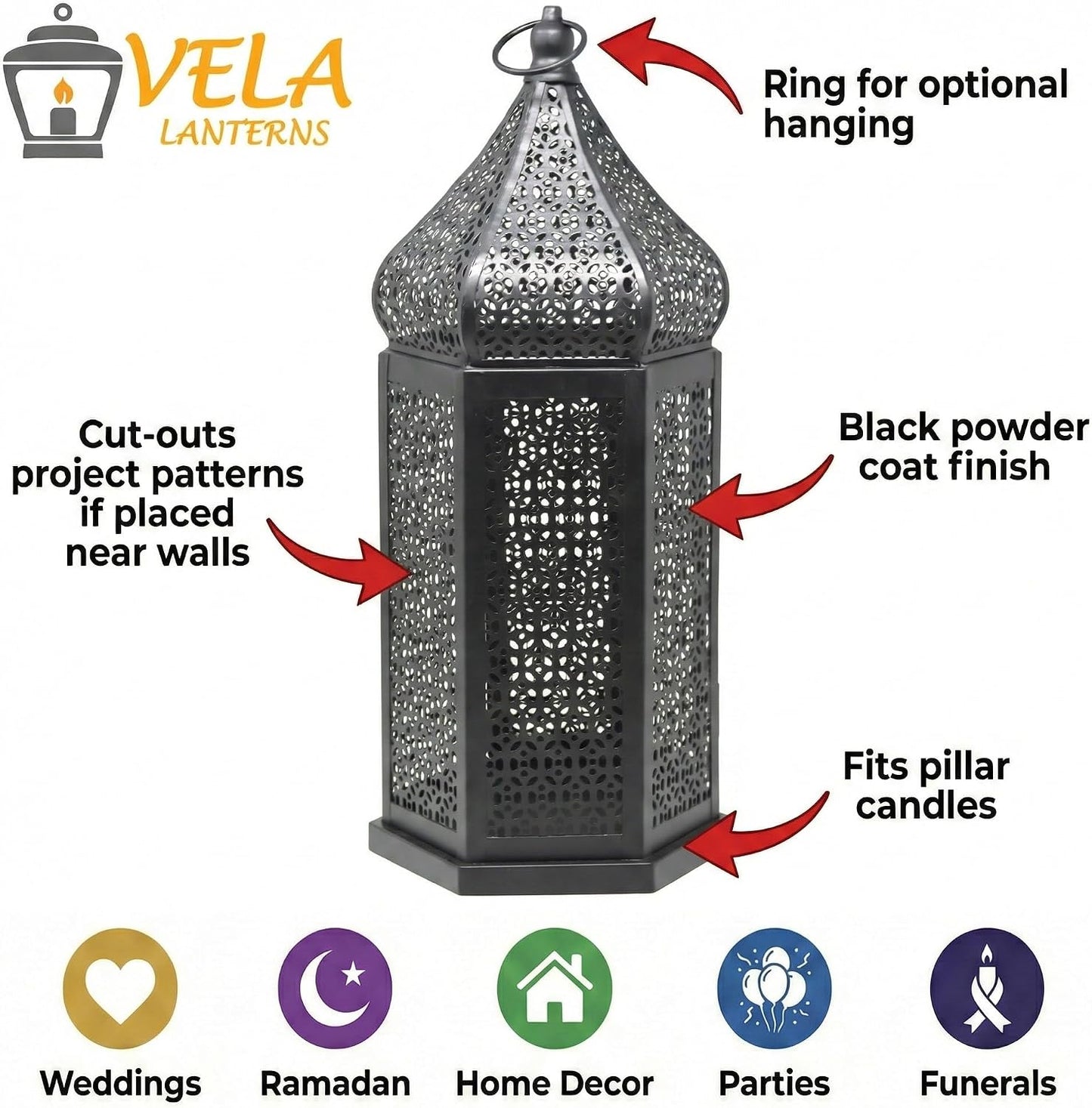 Vela Lanterns Decorative Indoor Black Moroccan Temple Lanterns, Set of 2 | Black Ramadan Decorations for Home, Eid