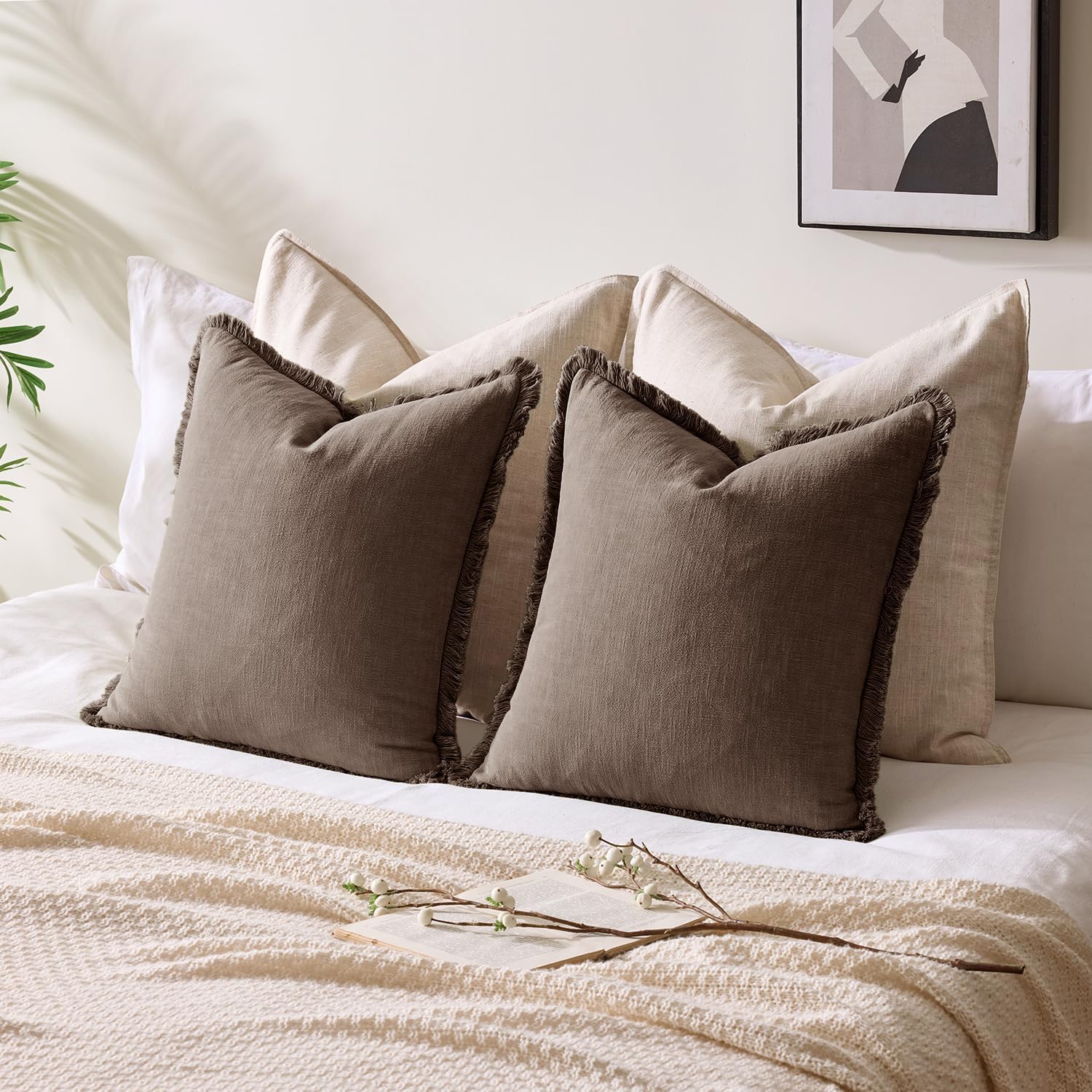 Decorative Linen Fringe Throw Pillow Covers Boho Accent / 20 x 20 / Reddish Brown / Set of 2