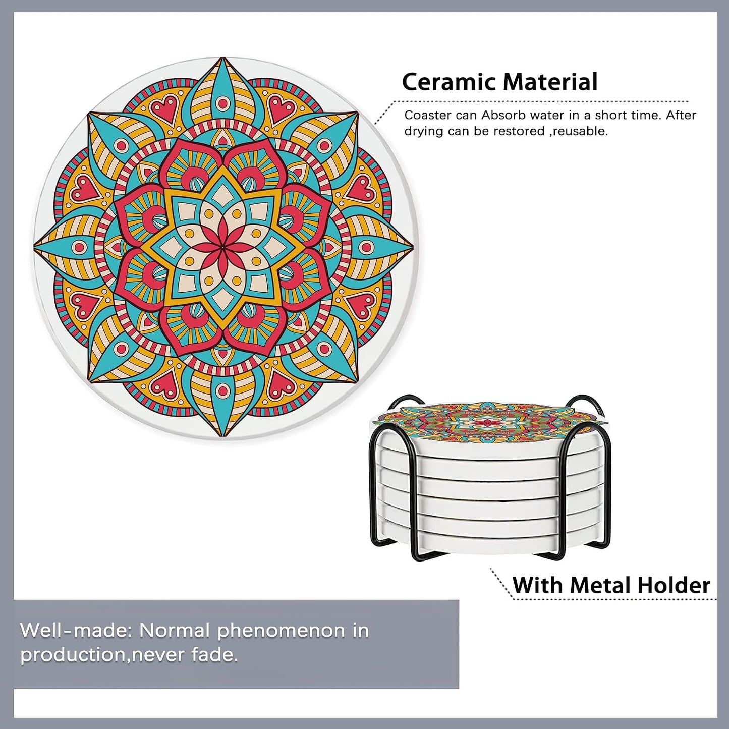 Holder / Absorbent Ceramic Coasters / Mandala Boho Flower / Set of 6