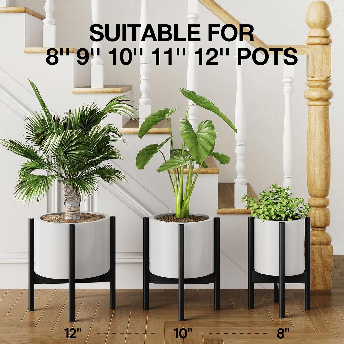 MUDEELA Plant Stand for Indoor, Bamboo Material, Black, 14.5 Inch Tall | Adjustable Width Fits 8-12 Inch Pot