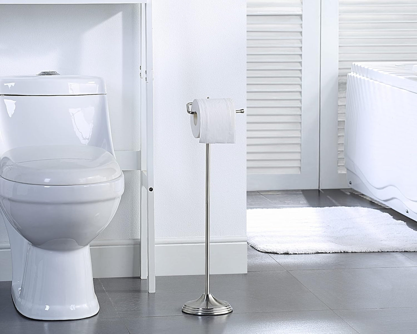SunnyPoint Bathroom Free Standing Toilet Tissue Paper Roll Holder Stand with Reserve Function, Satin Nickel