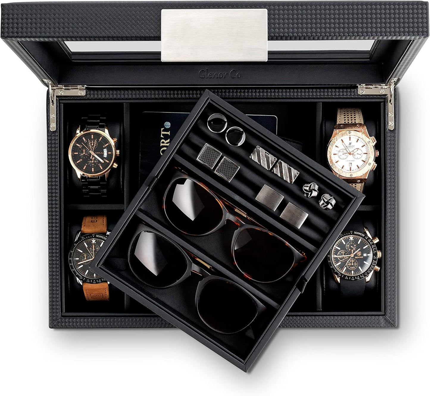 Glenor Co Valet Jewelry Box for Men - Holds 4 Watches, 12 cufflinks, 2 Sunglasses & Tray Storage - Mens Watch Case