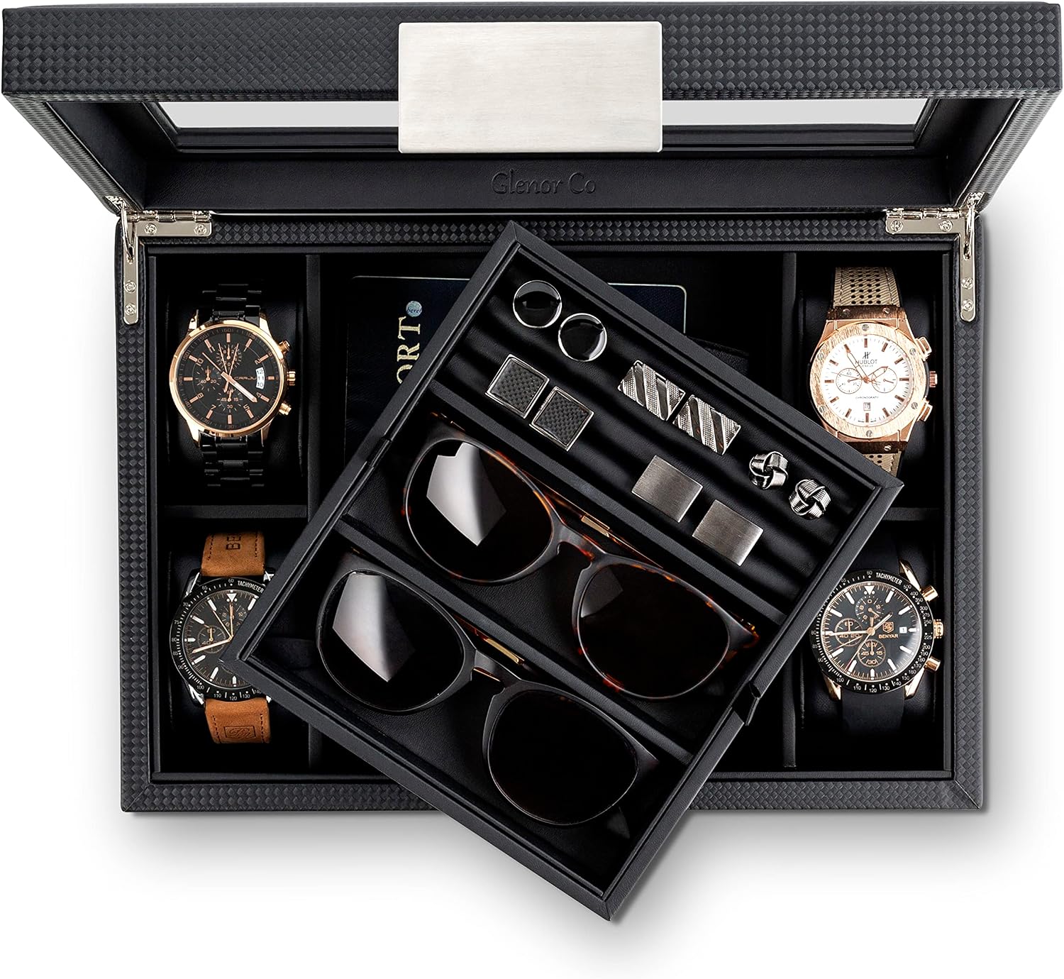 Glenor Co Valet Jewelry Box for Men - Holds 4 Watches, 12 cufflinks, 2 Sunglasses & Tray Storage - Mens Watch Case