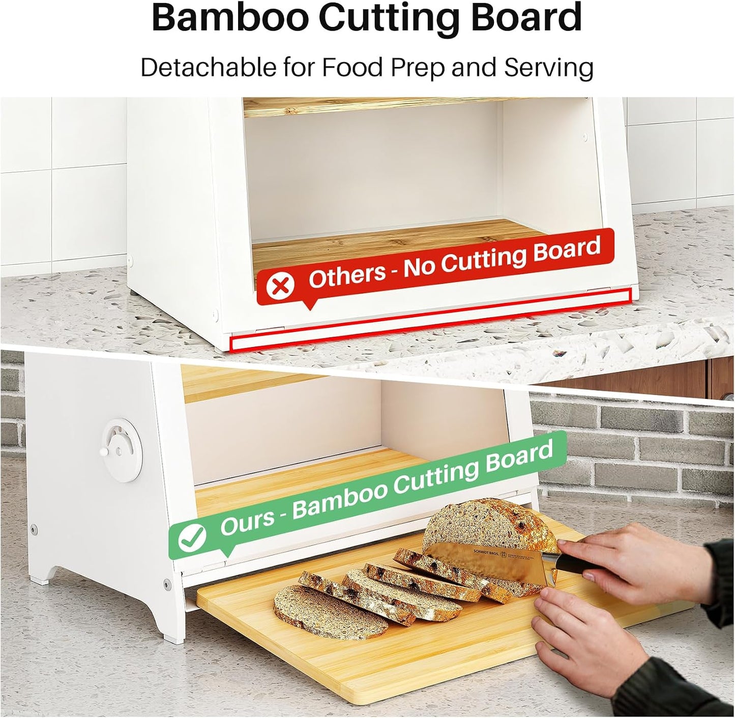 SNTD Airtight Bread Box for Kitchen Countertop, Bamboo Cutting Board, White | Adjustable Vent Hole, Sorted Storage
