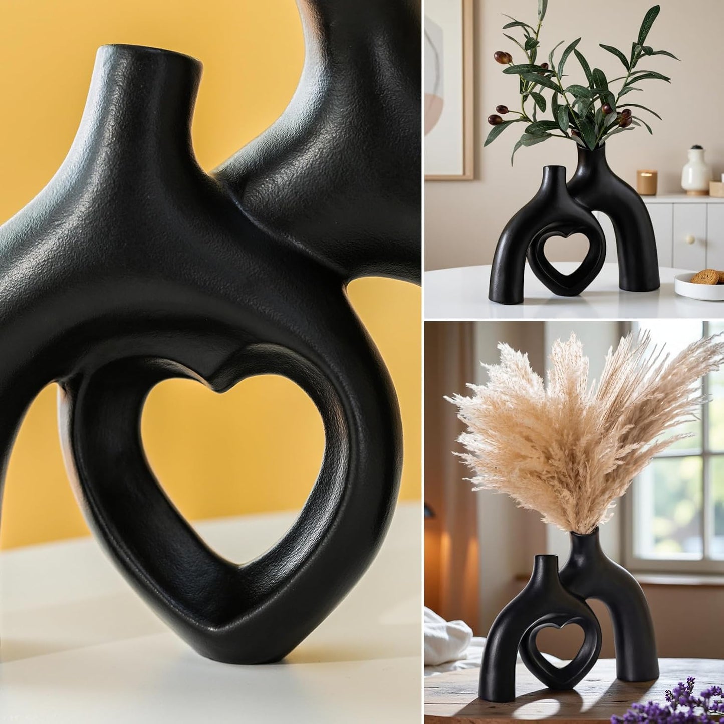 Hug Donut Ceramic Decorative Vase Set / Heart - Matte Black