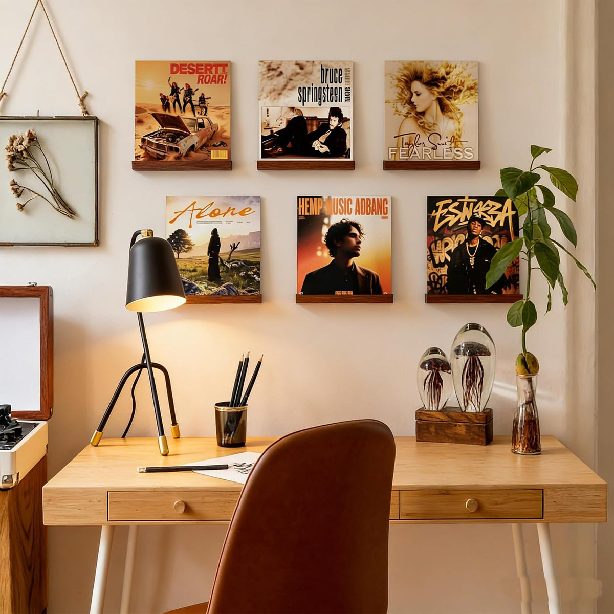 Record Wall Display No Drill with 2 Mount Options(Adhesive & Screws), 10 Pack Walnut Wood Vinyl Shelf, Vinyl Wall