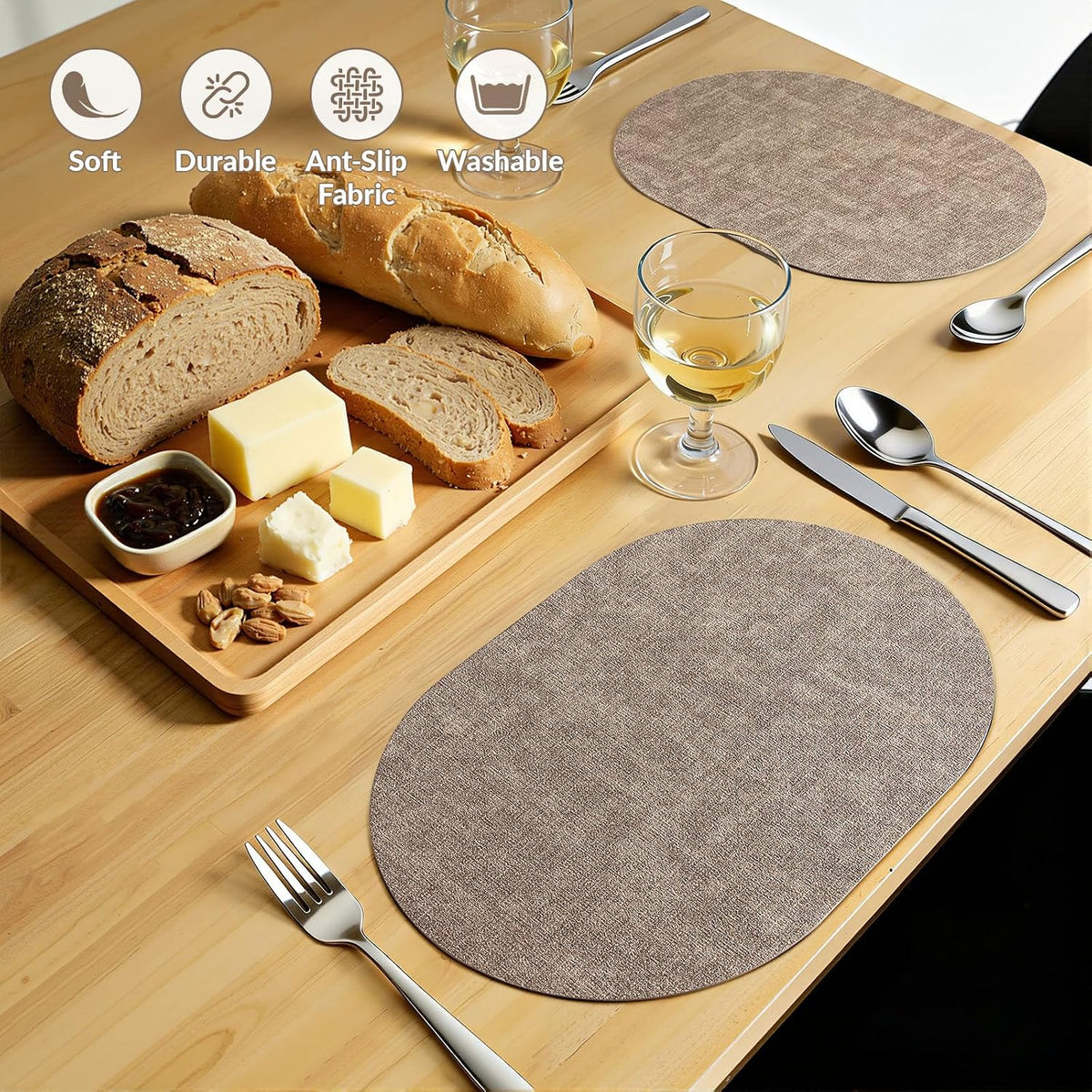 Placemats Set of 4, 11.8 x 17 Inch, Light Brown | Heat Resistant Oval Faux Leather Place Mats, Waterproof Wipeable