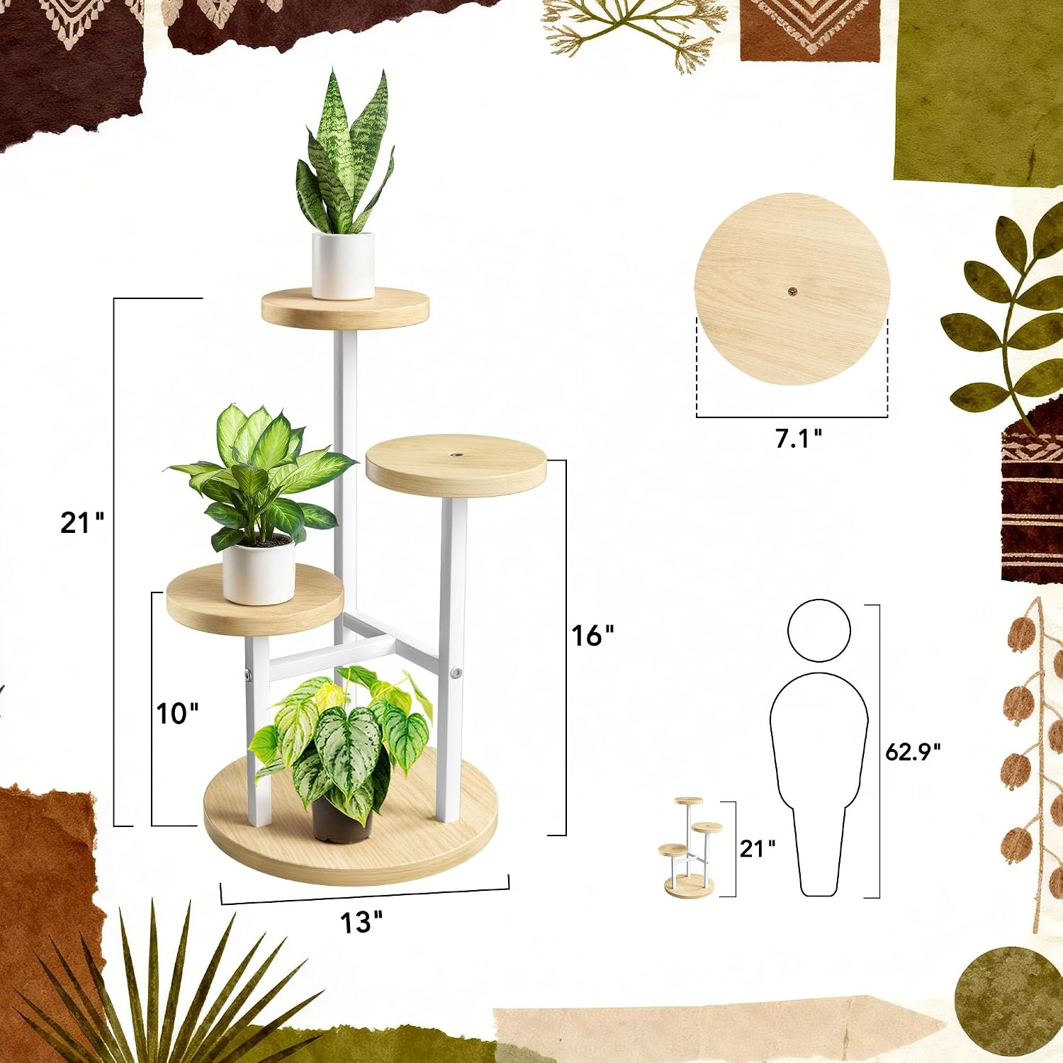 3 Tier Plant Stand Indoor, Metal Wood Plant Stands For Indoor Plants Multiple, Corner Tiered Flower Plants Shelf Stand