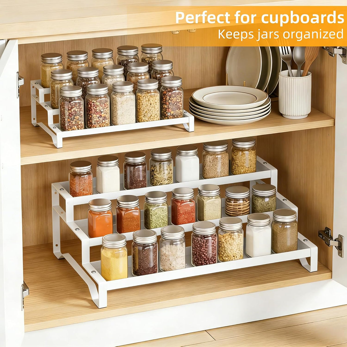Spice Rack Organizer for Cabinet, 13-21.5" Expandable Spicy Shelf | 9.45" Depth 3-Tier White Metal Seasoning Organizer