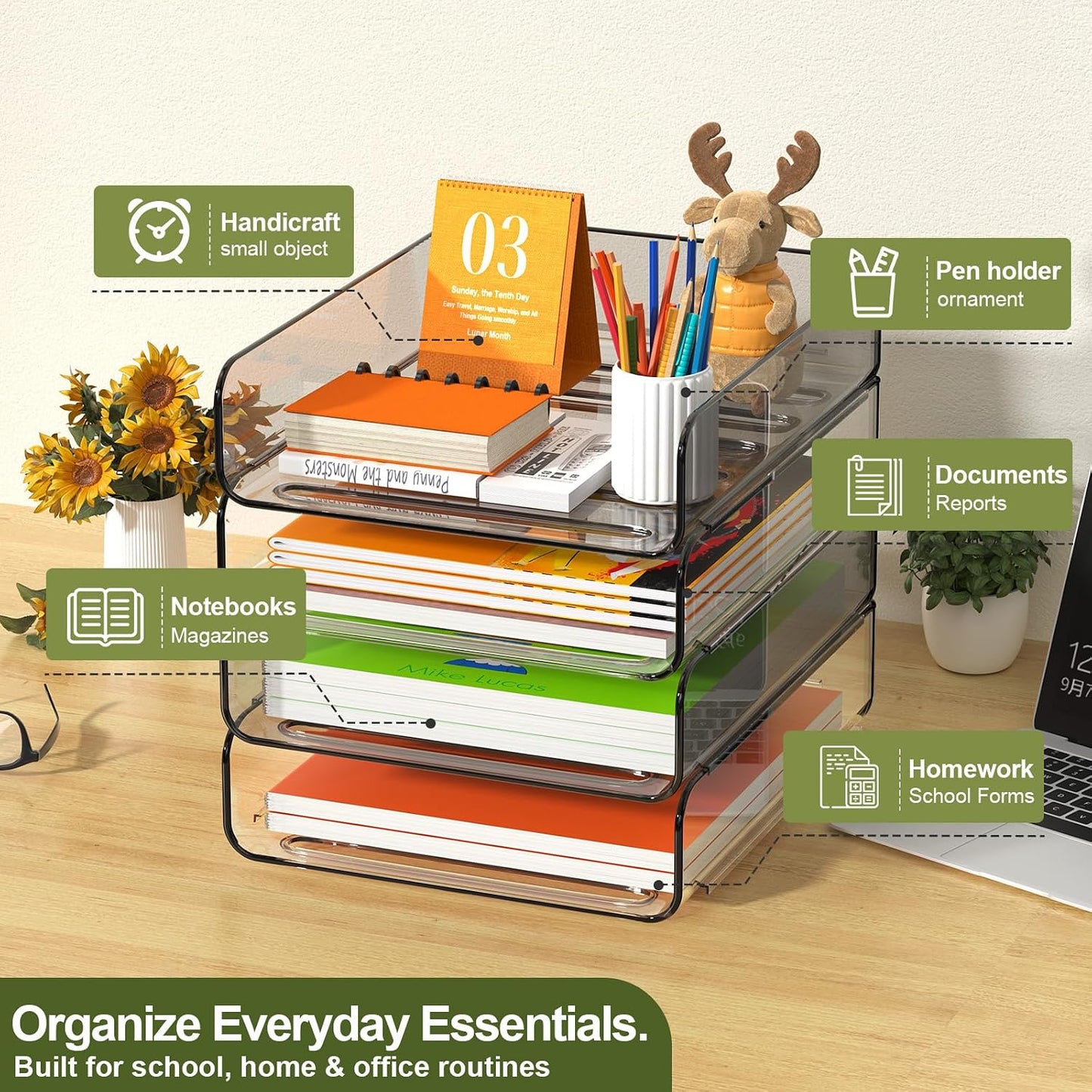 4-Tier Acrylic Paper Tray Organizer / Clear & Brown / 12.6 x 9.6 x 11