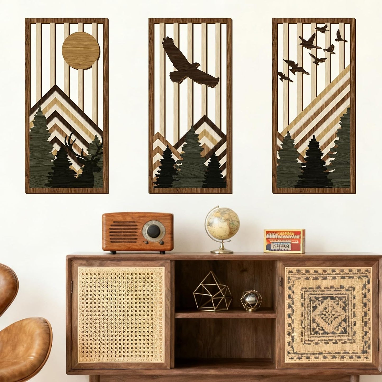 Wooden Boho Mountain Wall Art Mid Century Modern Wall Decor Nature / Brown Mountain / Set of 3