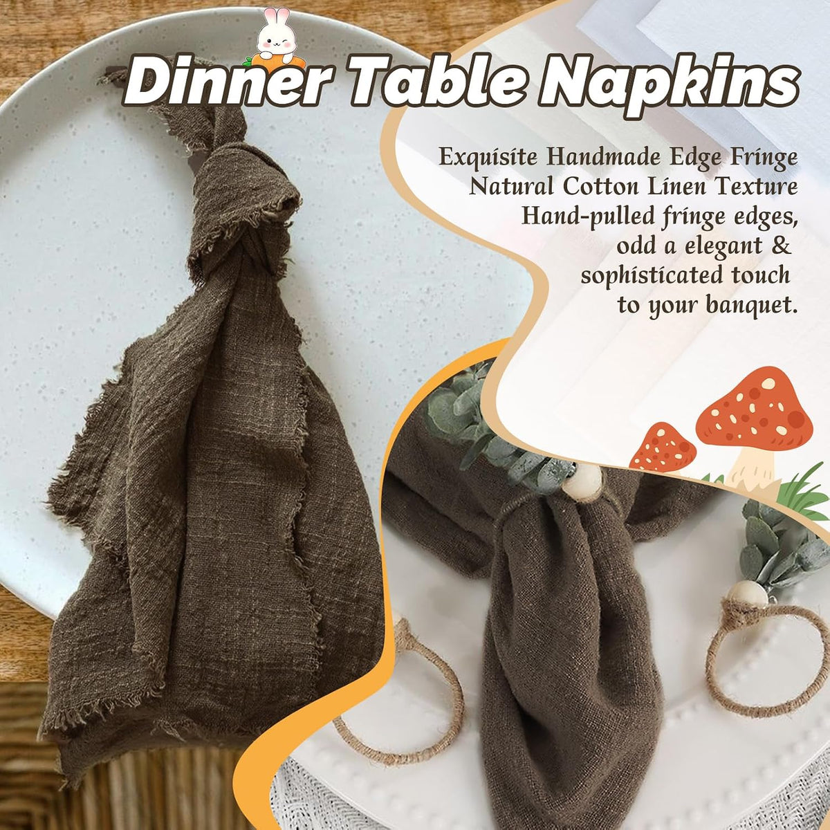 Showgeous 30 Pack Brown Cloth Napkins with Fringe, 16x16 inch 100% Cotton | Brown Napkins Handmade Dinner Napkins Bulk