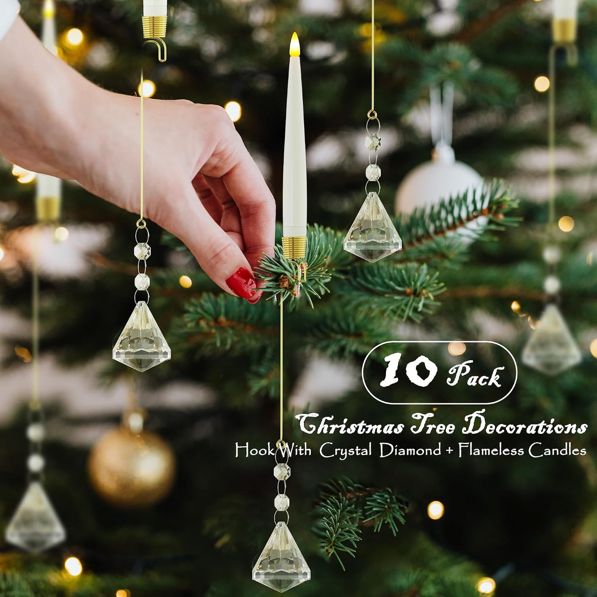 JOIONE Christmas Tree Candles, 10 Pack Crystal Diamond Tree Hanging Decor | Battery Operated, Remote Control, Crystal