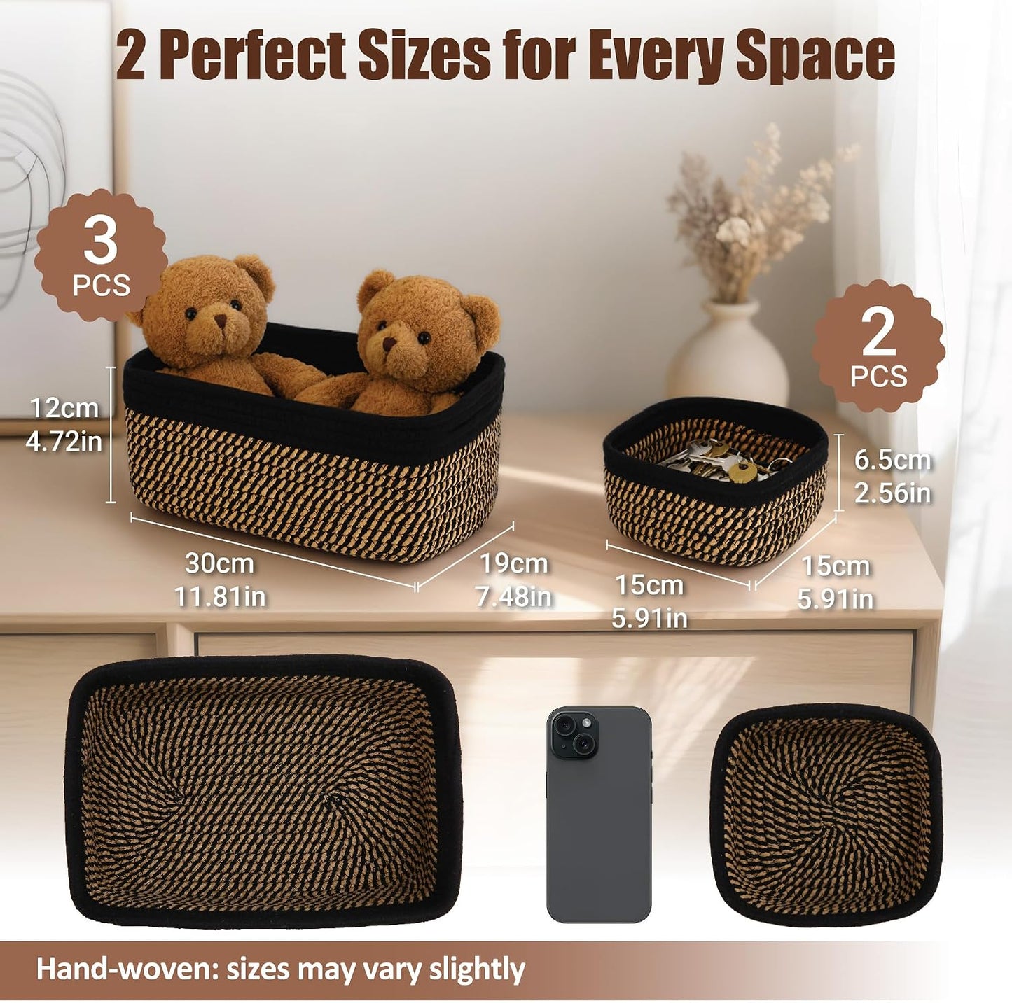 Small Woven Rope Storage Baskets / Black & Gold / 11.81*7.48*4.72'' & 5.91*5.91*2.56 / Set of 5
