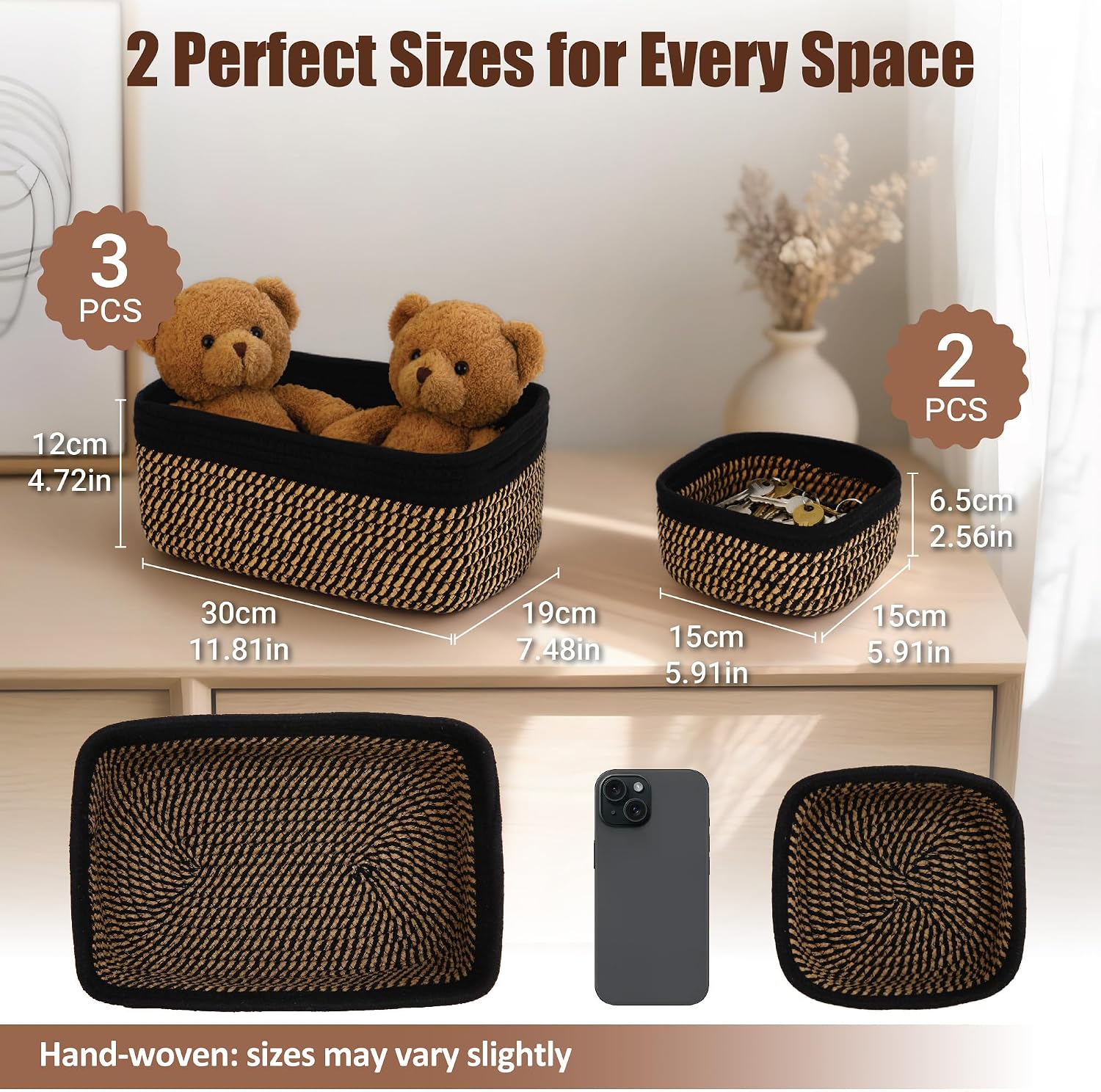 Small Woven Rope Storage Baskets / Black & Gold / 11.81*7.48*4.72'' & 5.91*5.91*2.56 / Set of 5